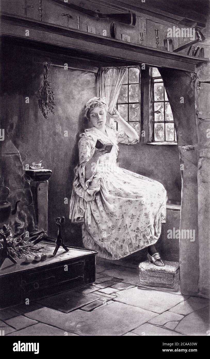 1890 Fotogravur eines Francis D. Millet Gemäldes mit der Bildunterschrift, A Cosy Corner - Francis Davis Millet (3. November 1848 – 15. April 1912) war ein am Stockfoto