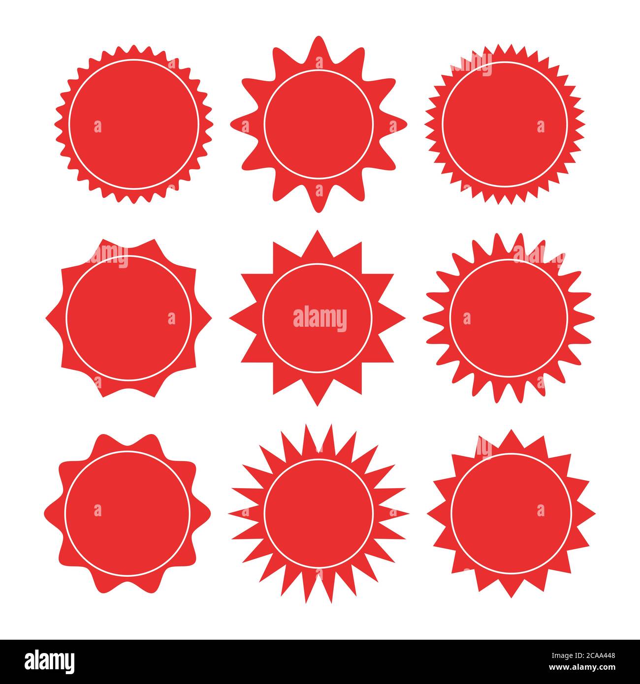 Starburst Aufkleber Set - Sammlung von Sonderangebot Verkauf rund geformten roten Sunburst Etiketten Stock Vektor