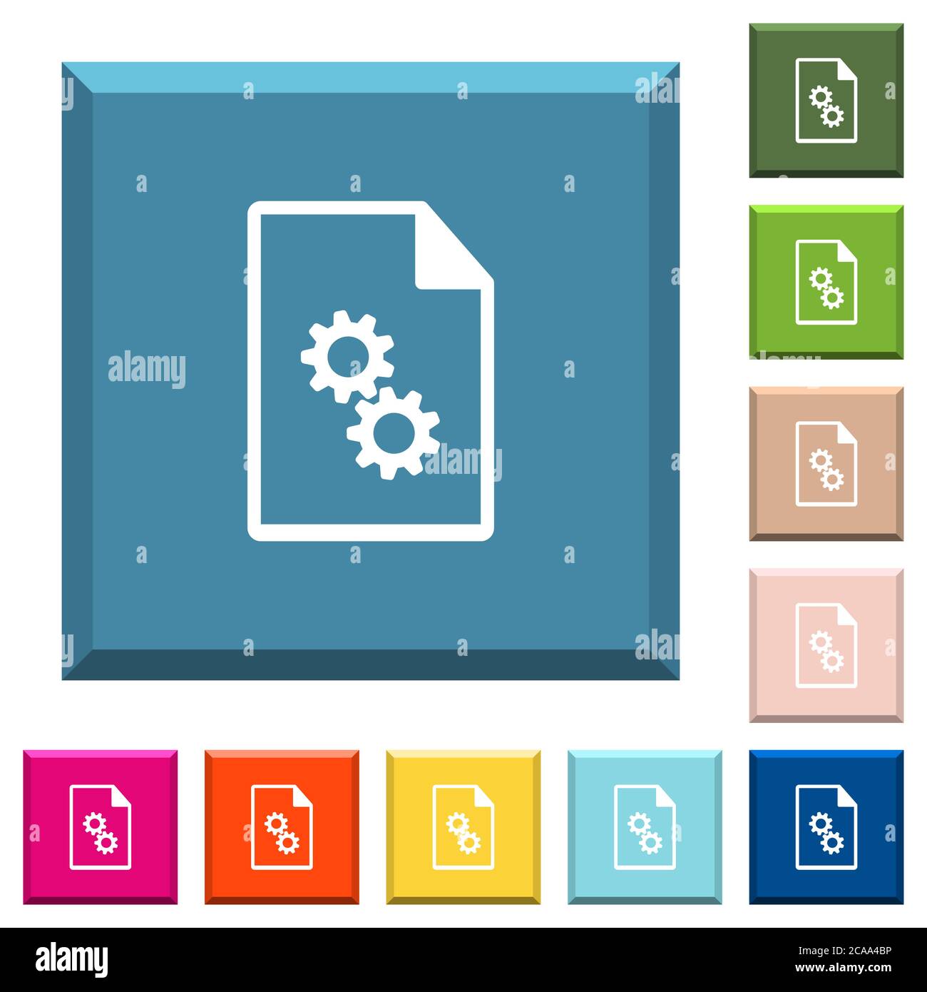 Ausführbare Datei weiße Symbole auf kantigen quadratischen Tasten in verschiedenen trendigen Farben Stock Vektor