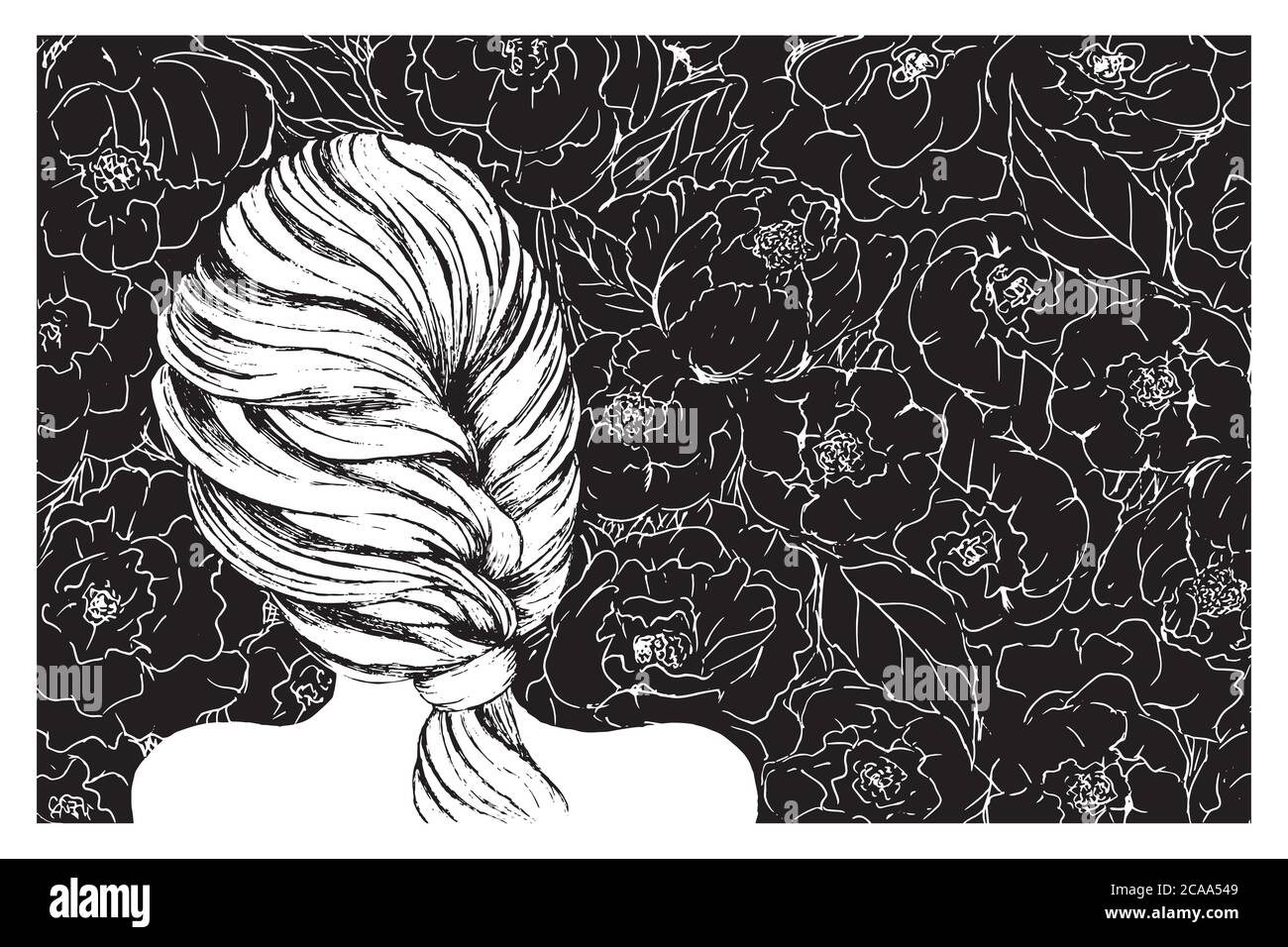 Schönes Mädchen mit Zopf Frisur und Pfingstrosen Blumen vintage Stock Vektor