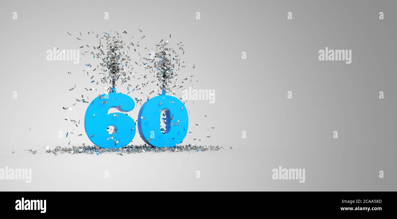 60 Jahre, blauer Text, grauer Hintergrund 3D-Rendering Stockfoto