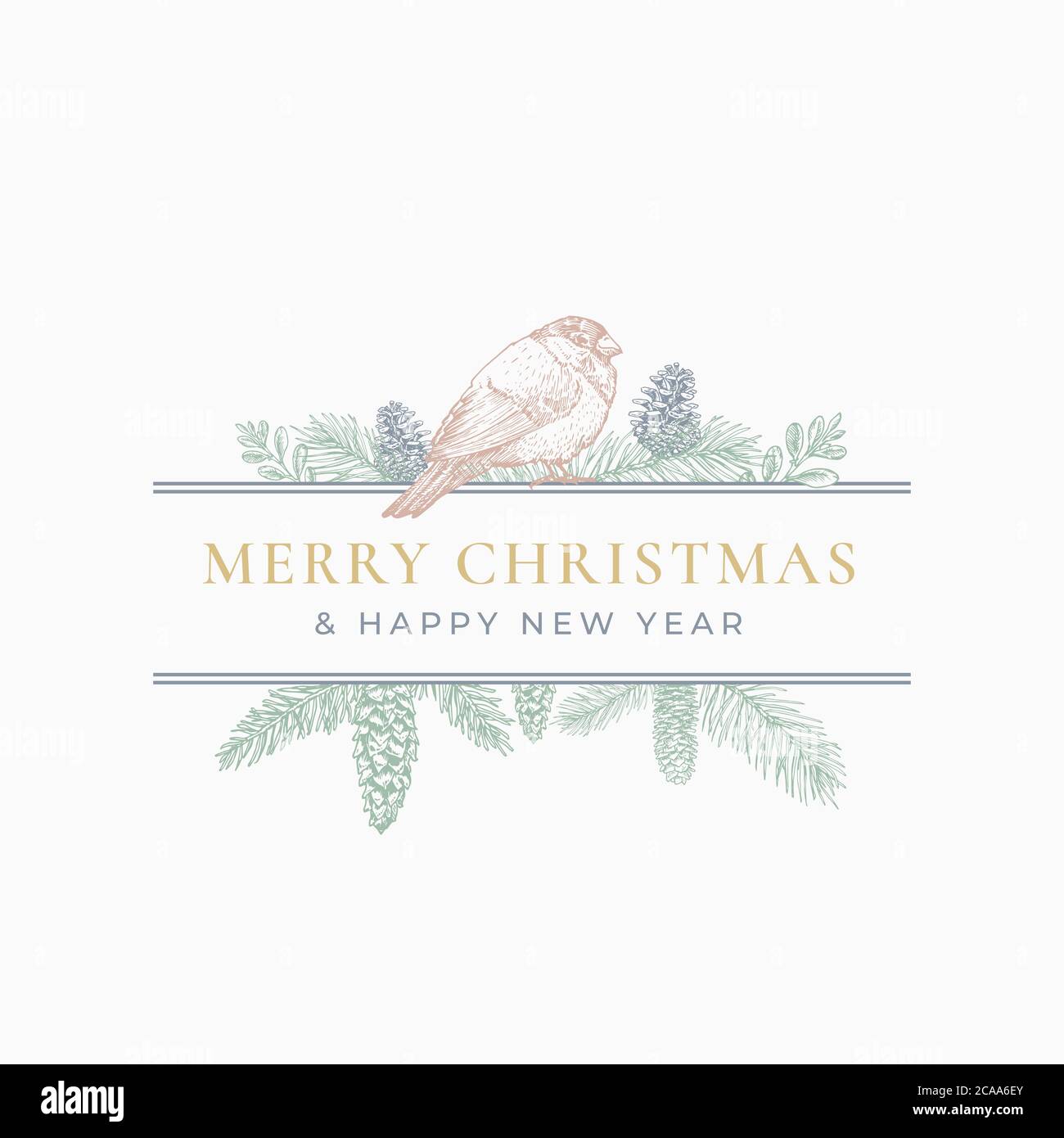 Frohe Weihnachten Grußkarte oder Etikett. Frame Banner mit Vintage Typografie und handgezeichneten Holiday Illustrationen. Mistel, Bullfinch Vogel und Stock Vektor