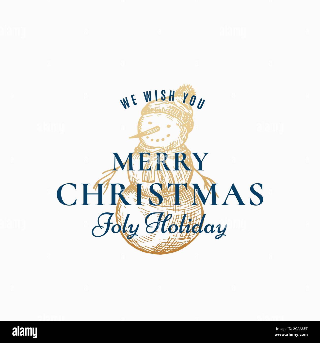 Frohe Weihnachten abstrakte Vektor Retro Label, Zeichen oder Karte Vorlage. Handgezeichnete Golden Holiday Schneemann Skizze Illustration mit Pelzhut und Vintage Stock Vektor