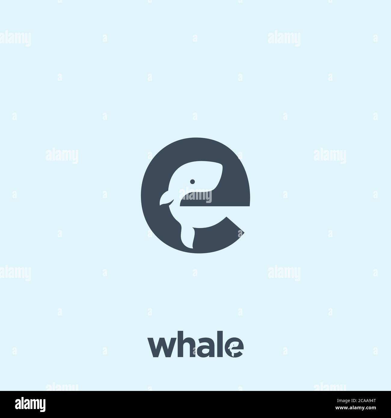 Whale Abstract Vektor Logo Vorlage, Zeichen oder Symbol. Cute Little Whale Silhouette Incorporated im Brief E. Negative Space Konzept mit modernen Stock Vektor