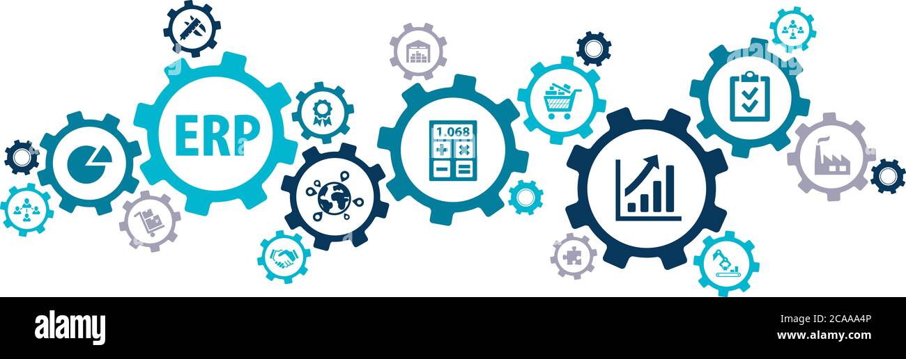 ERP-Vektor. Konzept für Enterprise Resource Planning Software, System oder Schnittstelle, Unternehmensmanagement Ressourcen und Unternehmensinformationen oder Strategie. Stockfoto