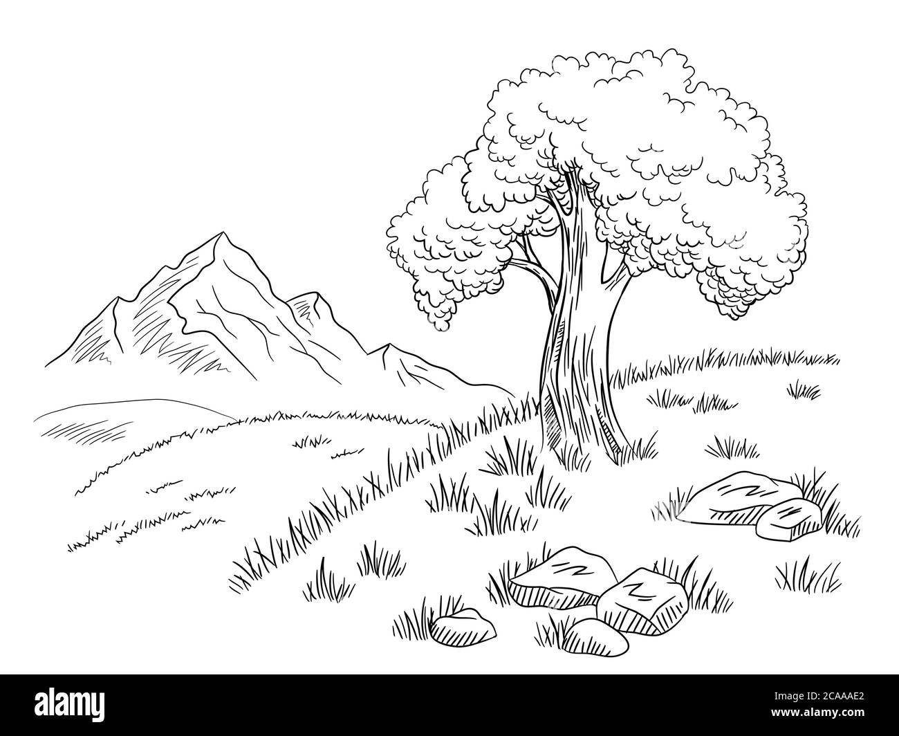 Berge Hügel Grafik schwarz weiß Landschaft Skizze Illustration Vektor Stock Vektor