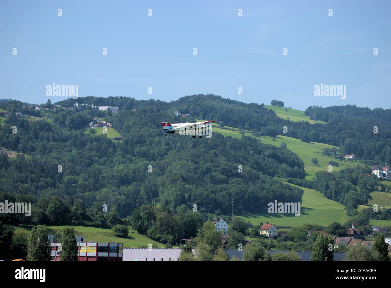 Maule Flugzeug startet vom Flughafen St. Gallen Altenrhein in der Schweiz Stockfoto