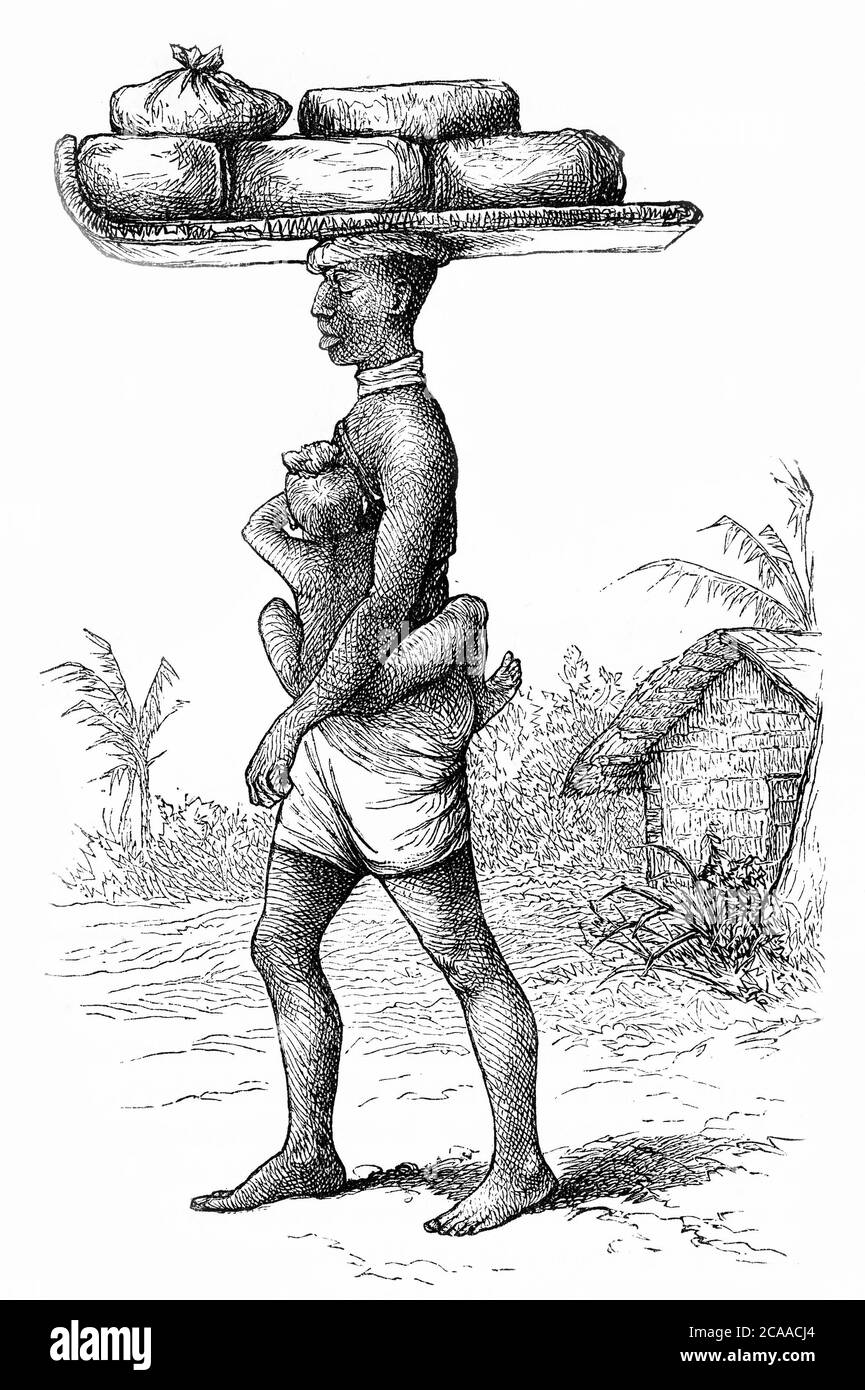 Gravur einer Frau aus einem Dorf im Kongo in Afrika, die ihr Kind auf der Hüfte und eine Last auf dem Kopf trägt Stockfoto