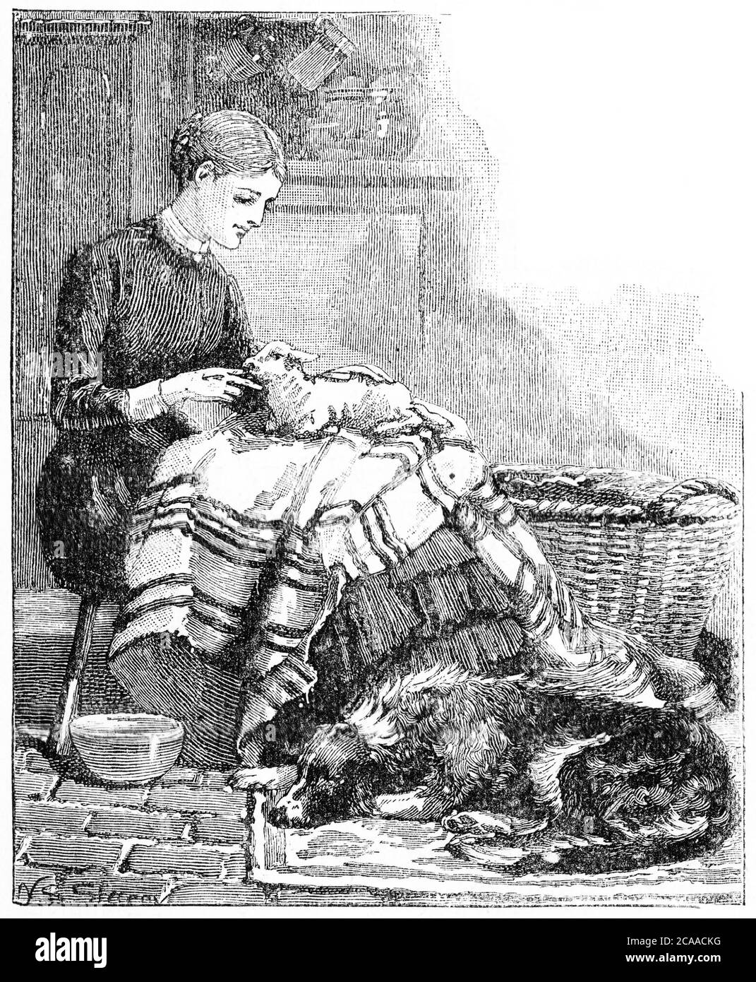 Gravur einer Frau, die sich in ihrem Haus um ein neugeborenes Lamm kümmert, mit dem Hund zu ihren Füßen und dem Lamm auf dem Schoß. Stockfoto