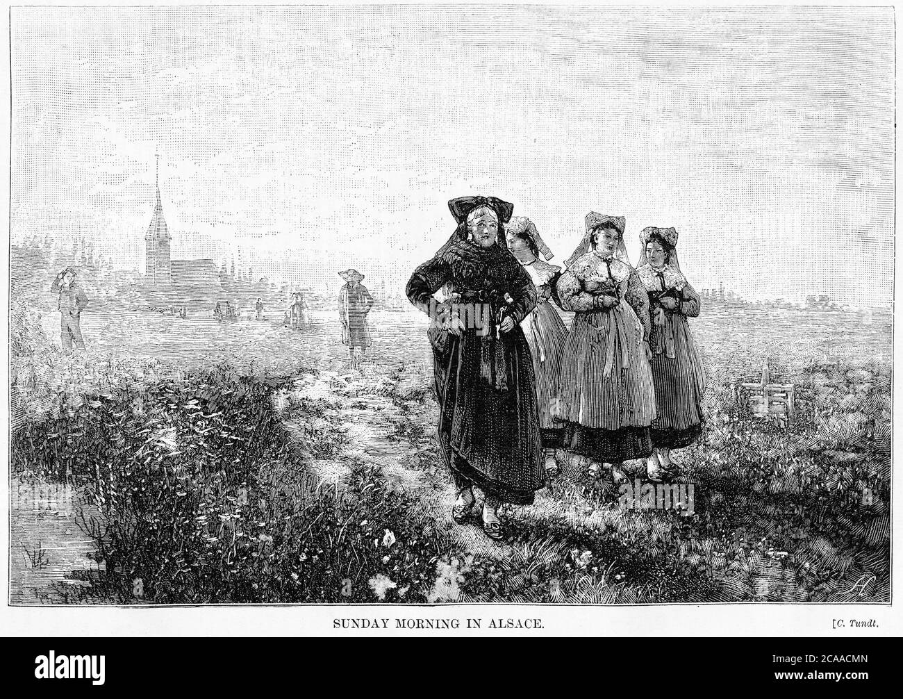 Gravur einer Gruppe von Frauen, die am Sonntagmorgen von einem Gottesdienst im Elsass zurückkehrten. Stockfoto