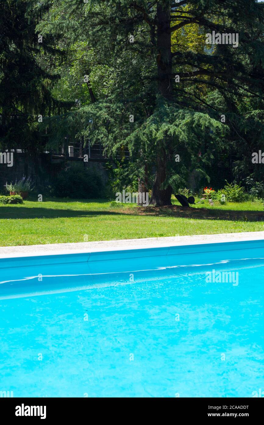 Blick auf verschiedene Materialien an einem Pool. Blaues und dunkelblaues Wasser, Betonrand, Pflasterplatten, grüner Rasen. Ein Baum im Hintergrund. Alter Garten. 60er. Stockfoto