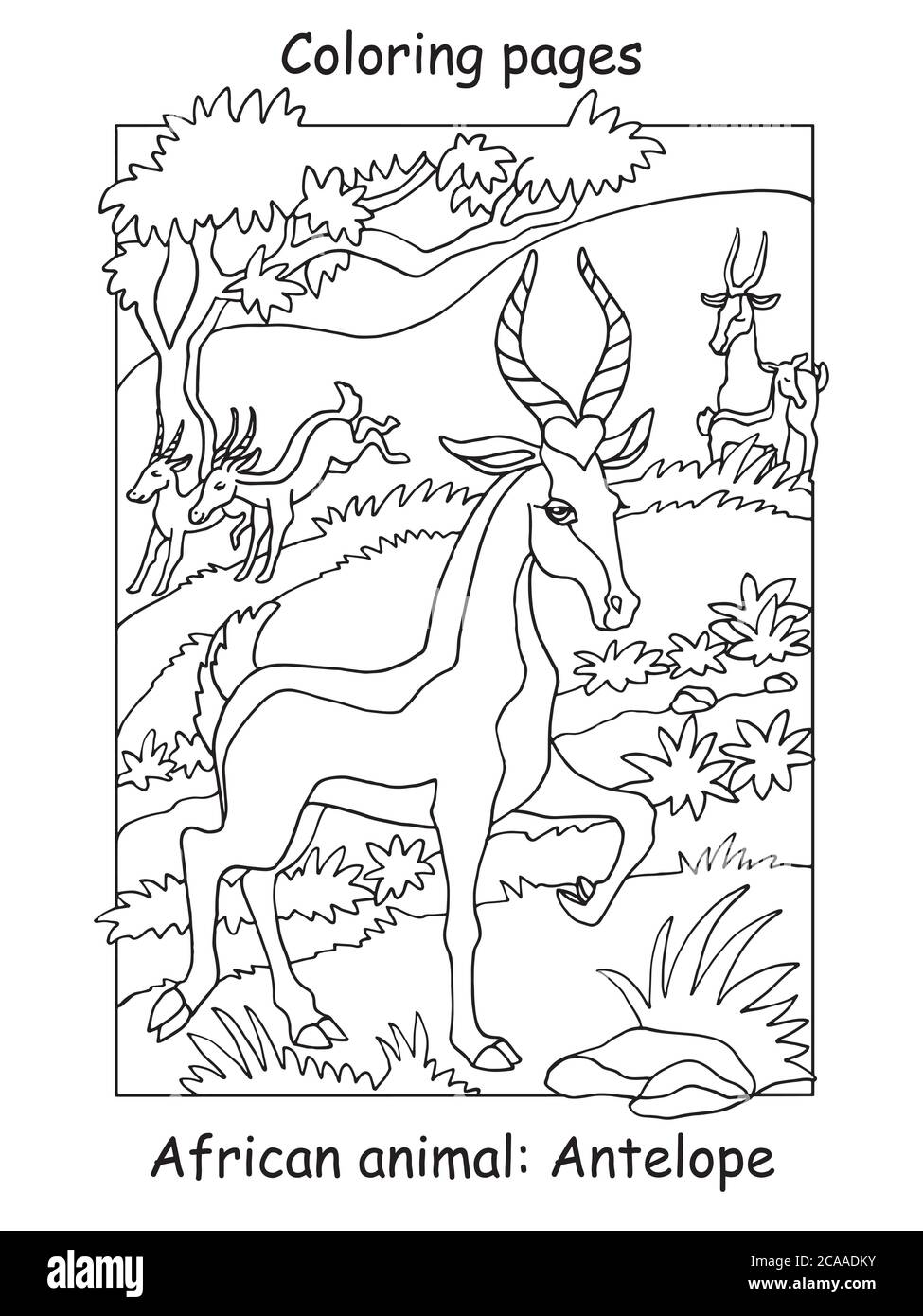 Vektor-Malvorlagen mit niedlichen Antilope in afrikanischen Bereich. Karikatur Kontur Illustration isoliert auf weißem Hintergrund. Stock Illustration für Färbung b Stock Vektor