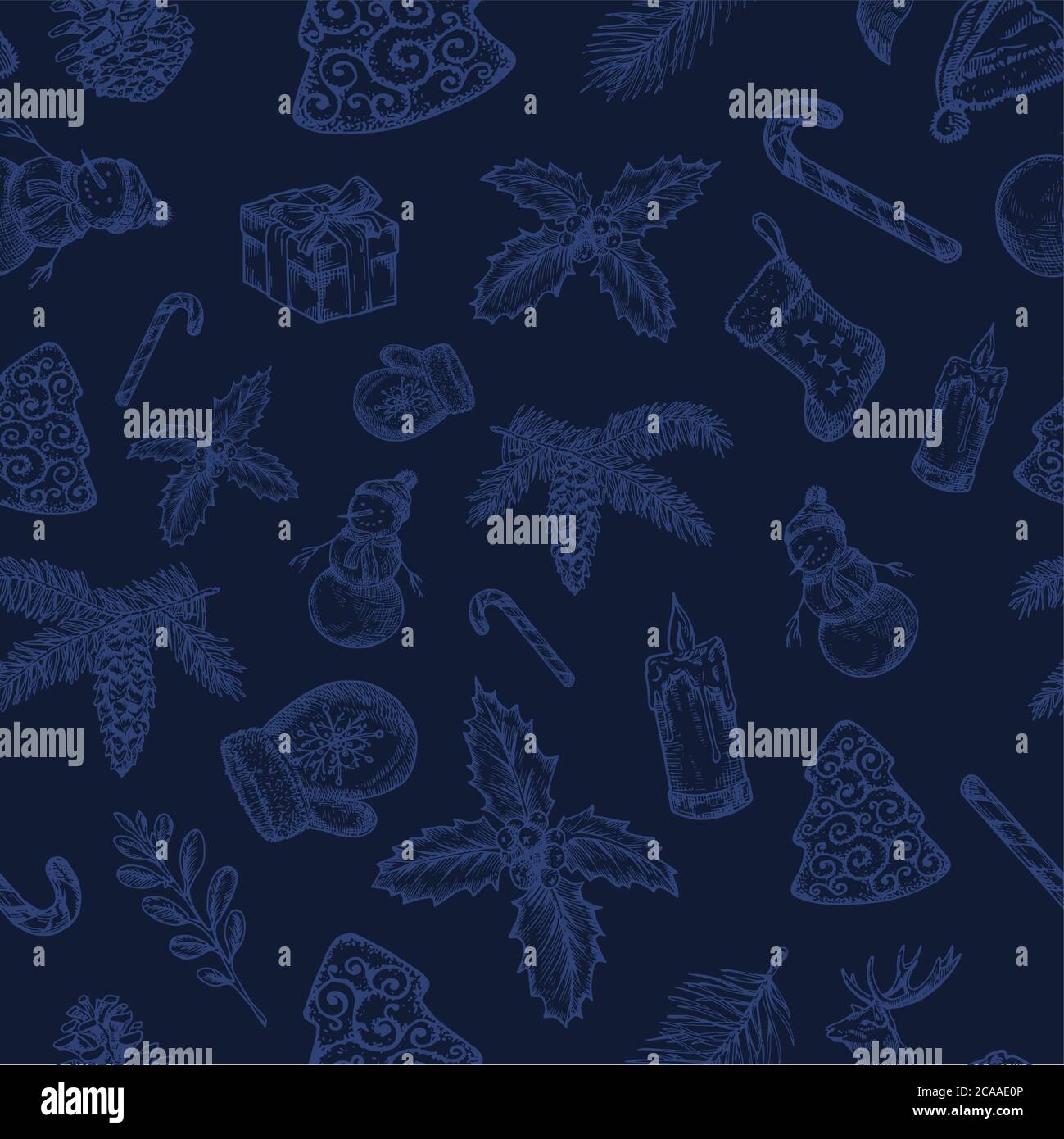 Hand Gezeichnet Weihnachten Vektor Nahtloses Hintergrundmuster. Schneemann, Sock, Holly, Fir-Nadel und Kerze Skizzen Karte oder Cover-Vorlage. Premium Blau Stock Vektor