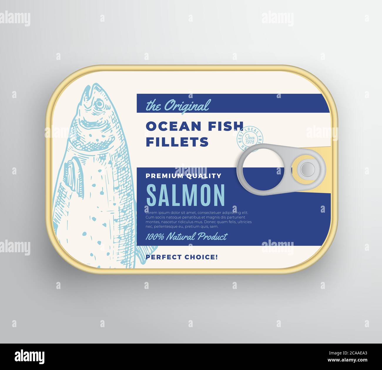 Abstrakt Vektor Ocean Fisch Filets Aluminium Container mit Label Cover. Premium-Verpackungsdesign In Dosen. Retro Typografie und handgezeichneter Lachs Stock Vektor