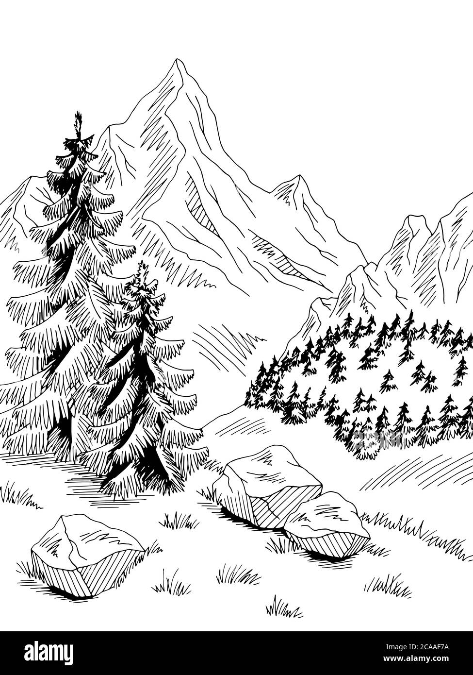Berge Hügel Grafik schwarz weiß vertikale Landschaft Skizze Illustration Vektor Stock Vektor