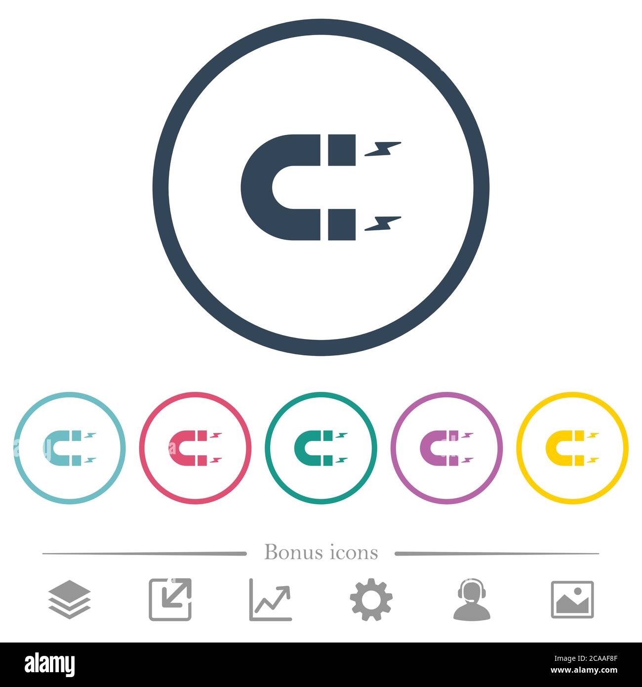 Hufeisenmagnet flache Farbsymbole in runden Umrissen. 6 Bonus-Symbole enthalten. Stock Vektor