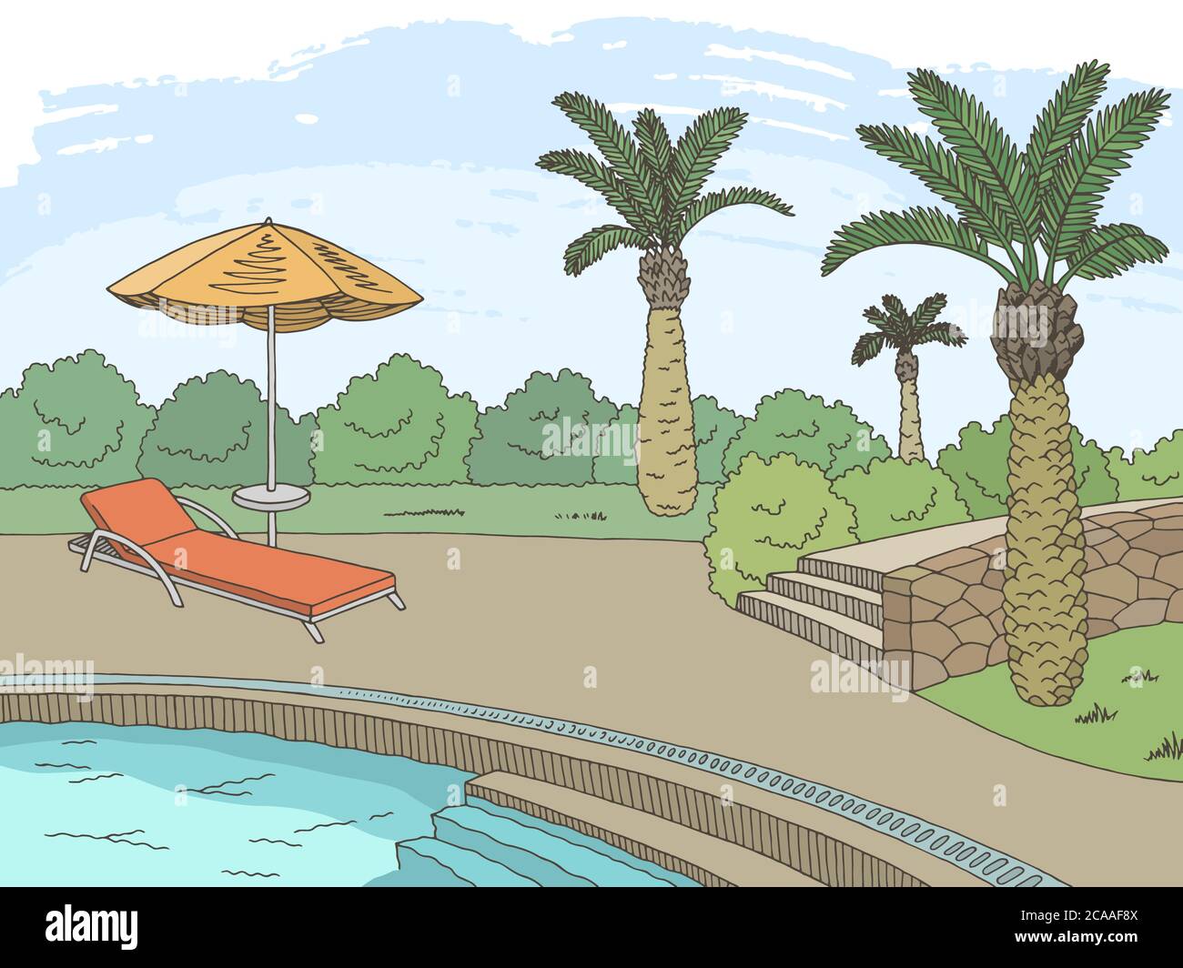 Schwimmbad Grafik Farbe Landschaft Skizze Illustration Vektor Stock Vektor