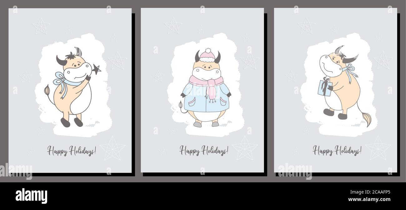 Vektor-Set von Weihnachtskarten. Weihnachtskarte. Jahr der Stier Postkarte. Poster. OX-Zeichen Stock Vektor