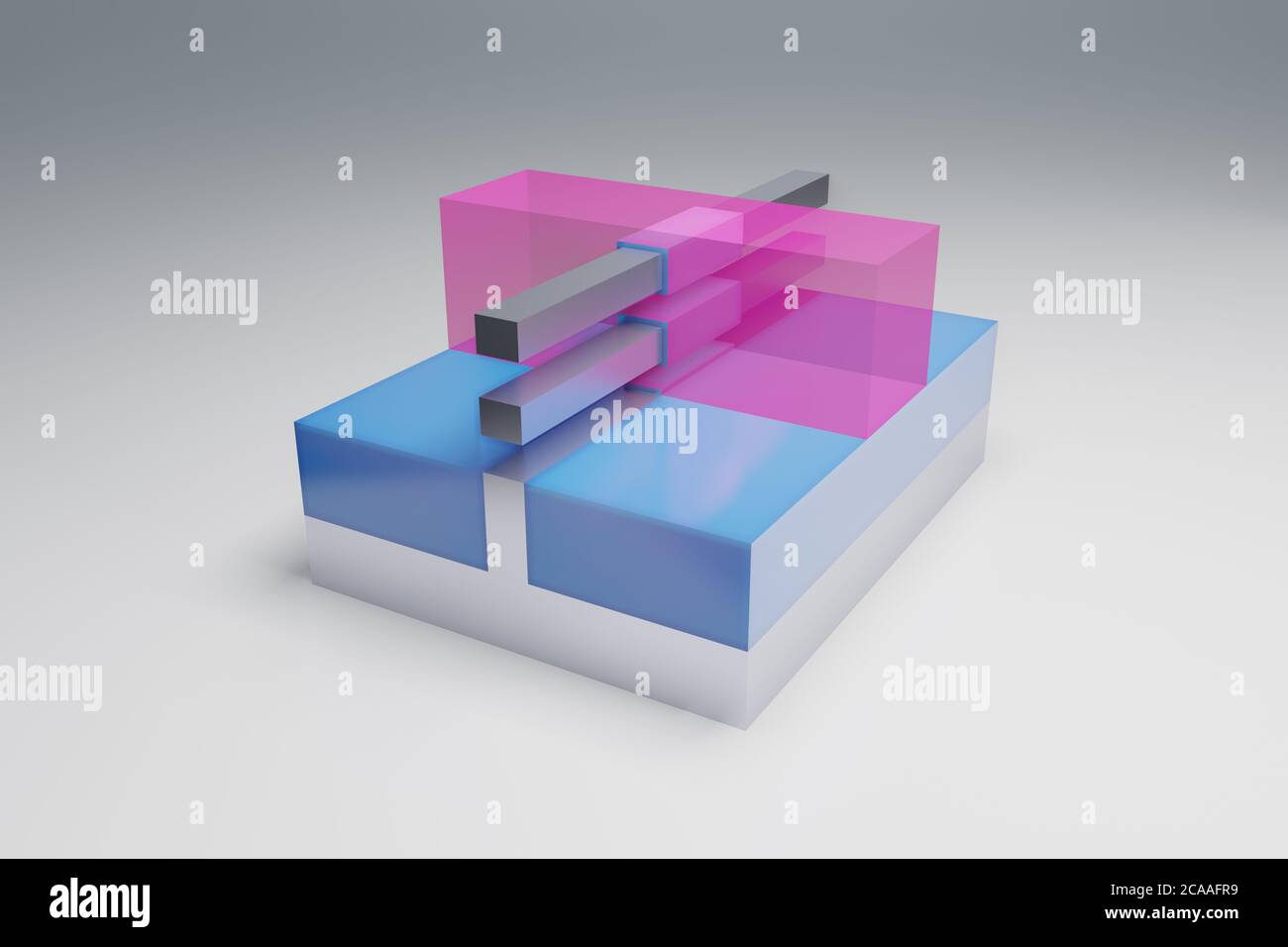 GAAFET (GAA FET, Nanodraht, Nanodraht) Transistor 3D-Rendermodell. Dieser Transistor wurde für neue Halbleiterchips und integrierte Schaltungen bei Nano verwendet Stockfoto