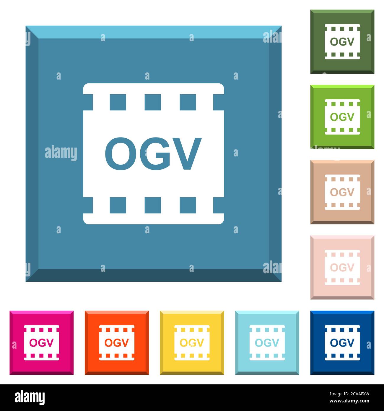 OGV Film-Format weiße Symbole auf kantigen quadratischen Tasten in verschiedenen trendigen Farben Stock Vektor
