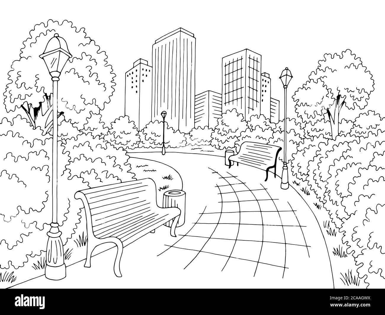 Park Grafik schwarz weiß Stadt Landschaft Skizze Illustration Vektor Stock Vektor
