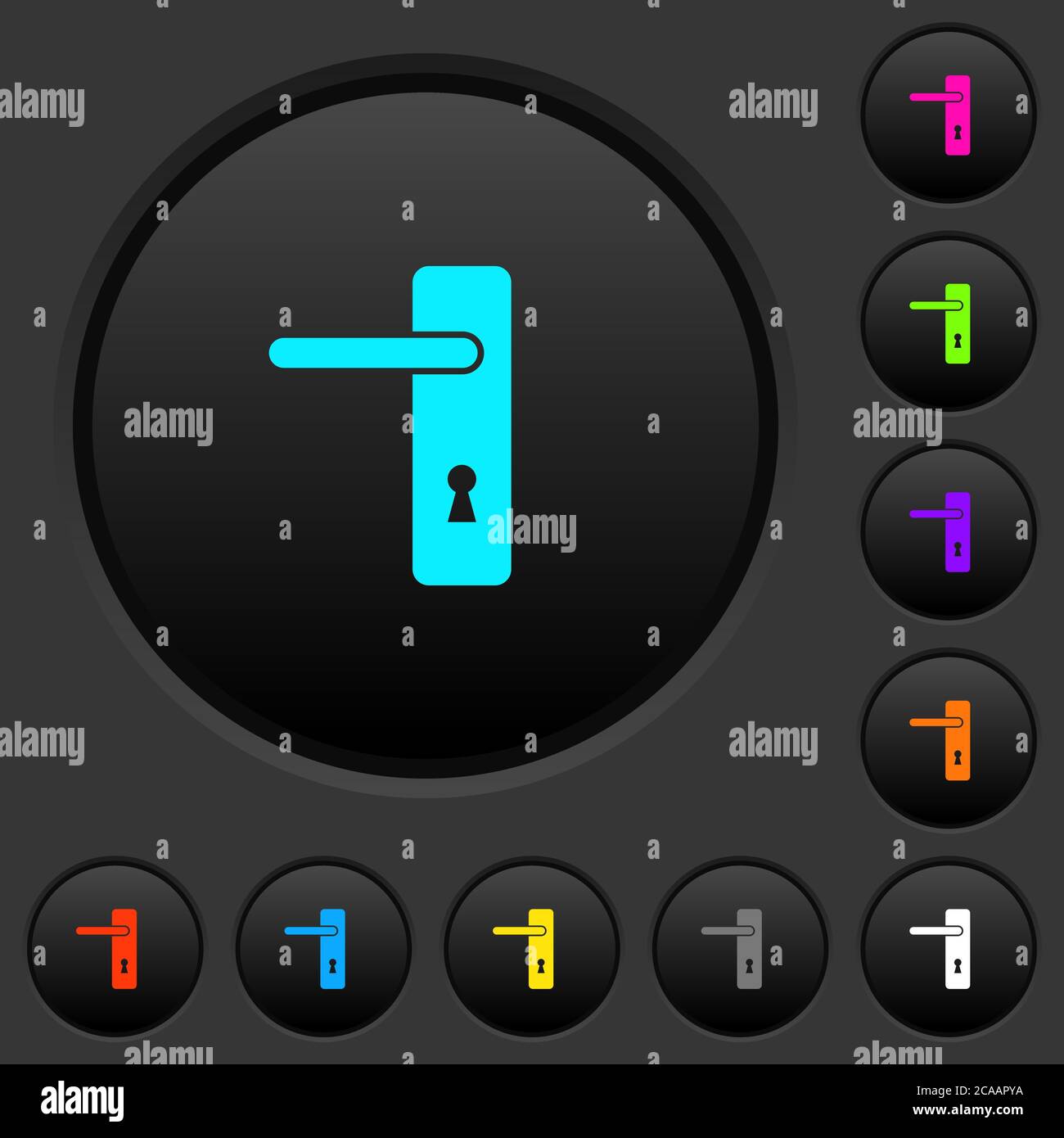 Linke Hand einfache Türgriff dunkle Drucktasten mit lebendigen Farbsymbolen auf dunkelgrauem Hintergrund Stock Vektor