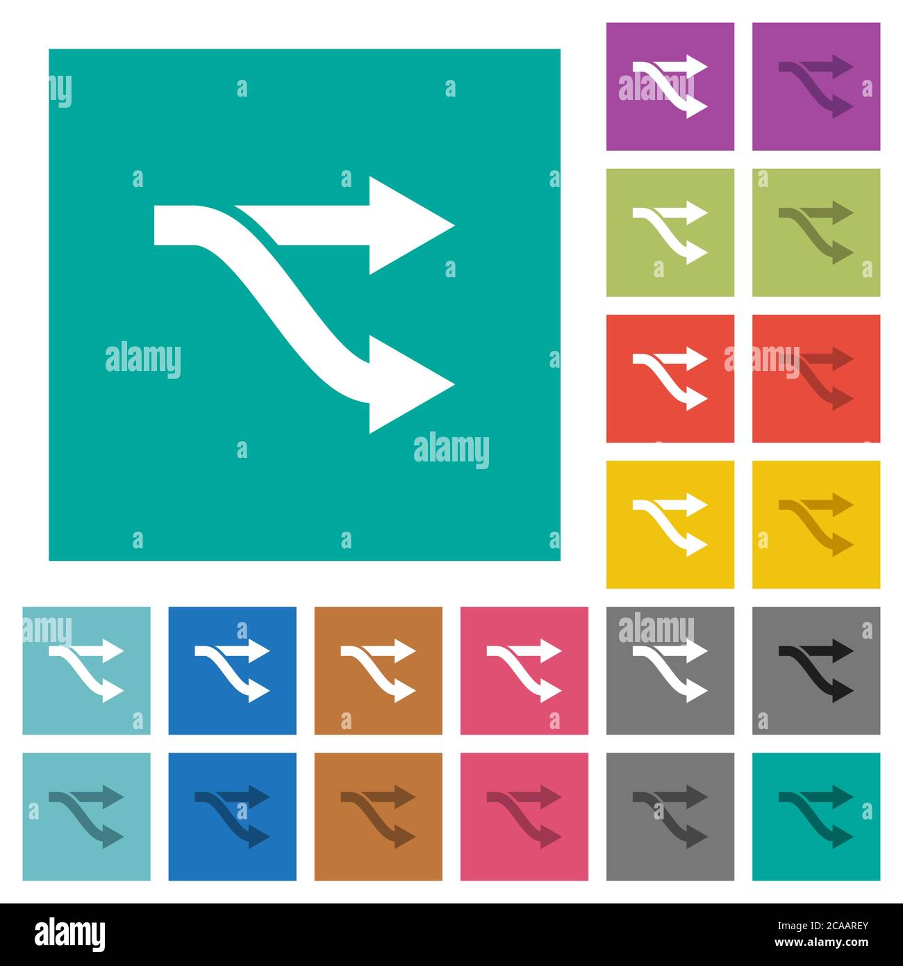 Gabel mehrfarbige flache Symbole auf einfachen quadratischen Hintergründen. Weiße und dunklere Symbolvarianten für schwebe- oder aktive Effekte. Stock Vektor