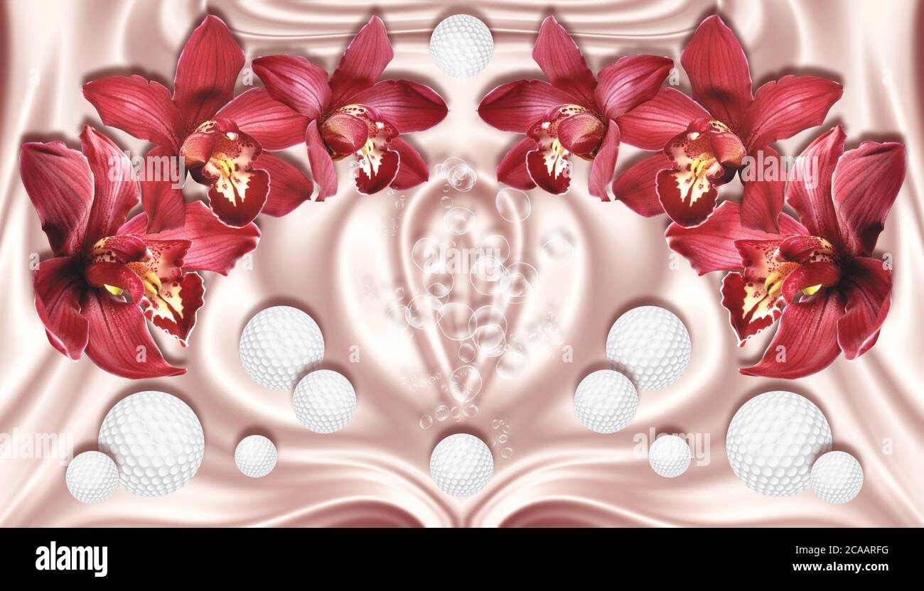 Rote Orchideen und Kugeln auf seidenem Hintergrund. Feier 3d Hintergrund Stockfoto