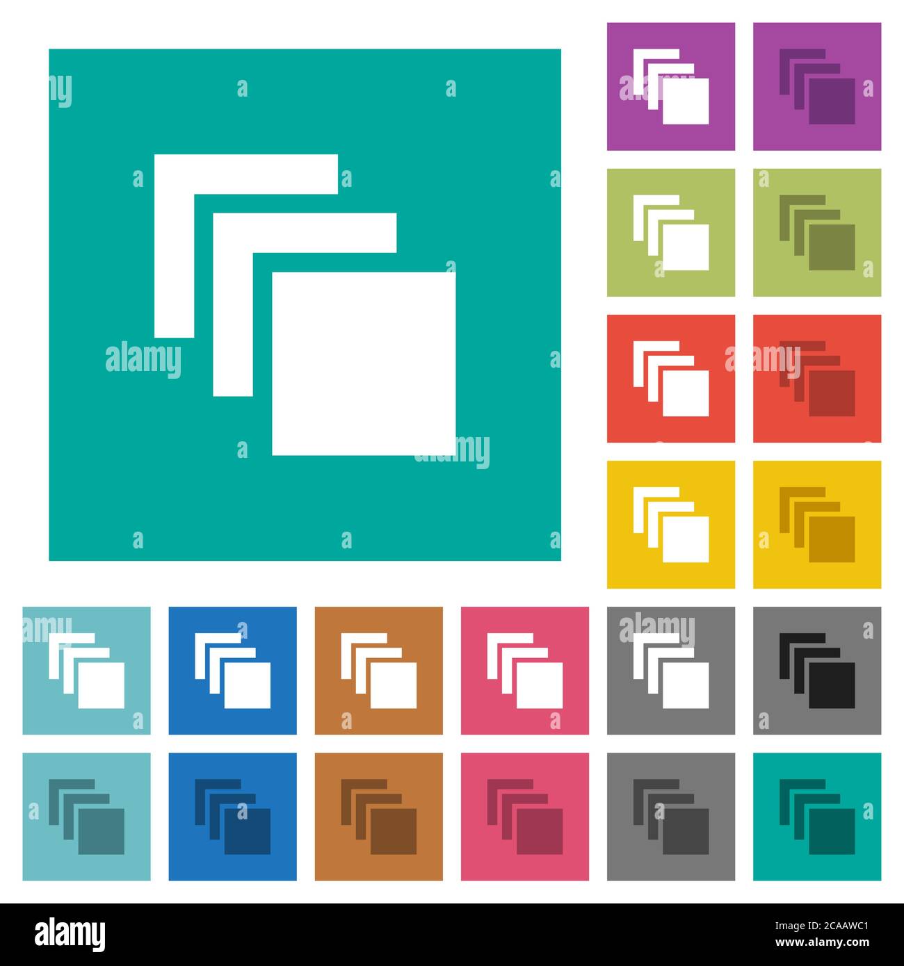 Mehrere Leinwände mehrfarbige flache Symbole auf einfachen quadratischen Hintergründen. Weiße und dunklere Symbolvarianten für schwebe- oder aktive Effekte. Stock Vektor