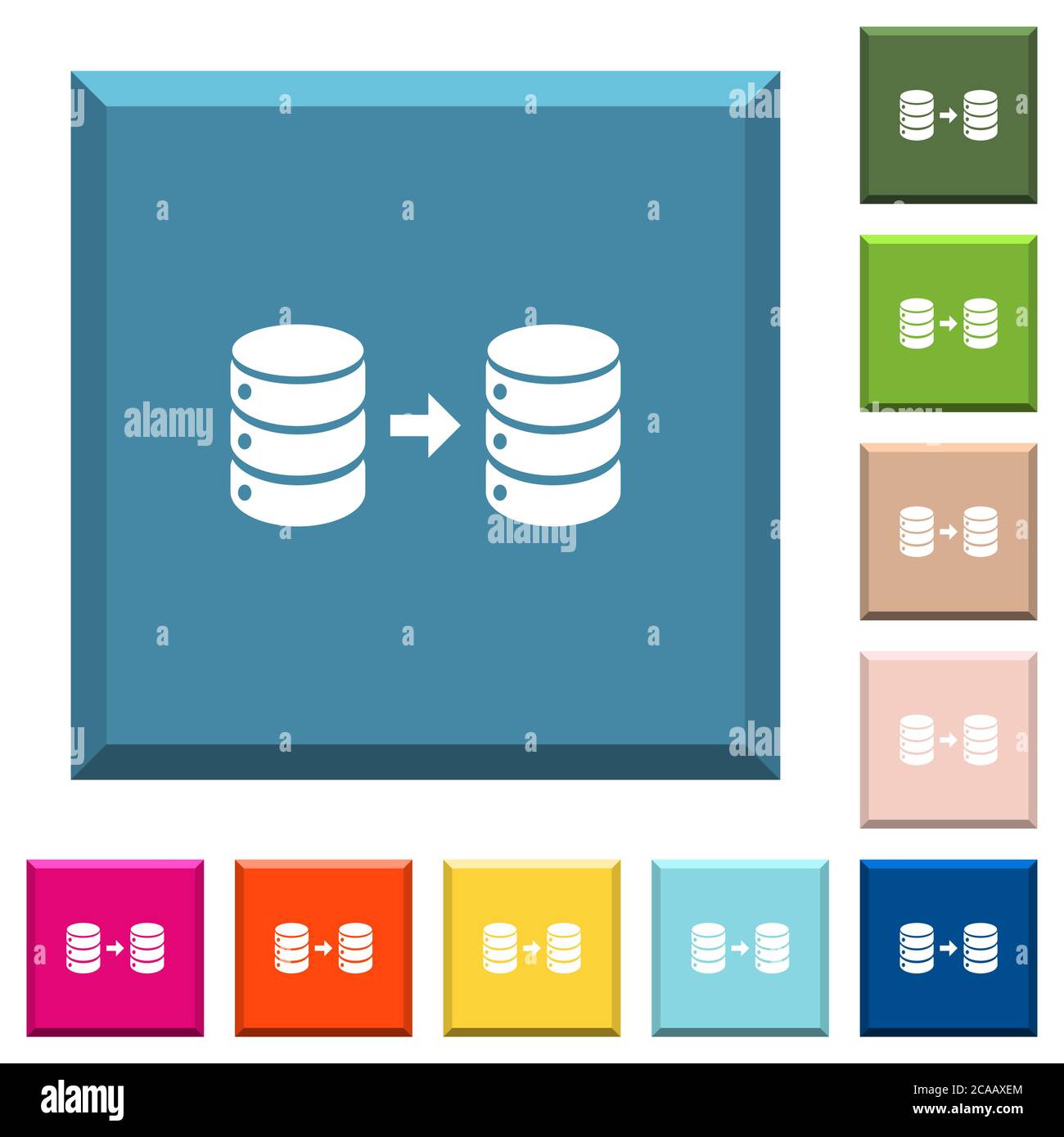 Datenbank spiegelt weiße Symbole auf kantigen quadratischen Tasten in verschiedenen trendigen Farben Stock Vektor