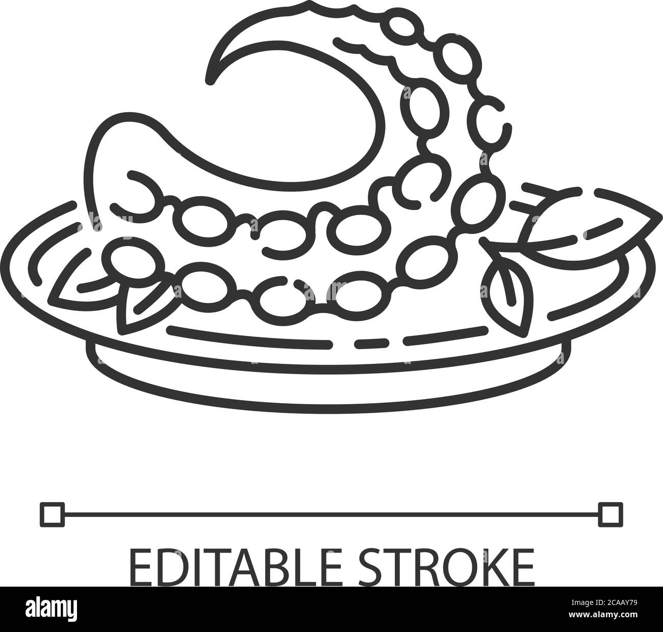 Polvo Pixel perfektes lineares Symbol. Portugiesische Krake. Traditionelles Gericht mit frischen Meeresfrüchten. Dünne Linie anpassbare Illustration. Kontursymbol. Ve Stock Vektor