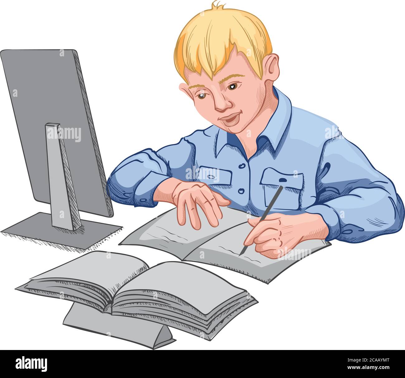 Fröhlich jungen blonden Jungen in blauem Hemd macht seine Hausaufgaben. Bücher und PC auf dem Schreibtisch. Vektor Stock Vektor