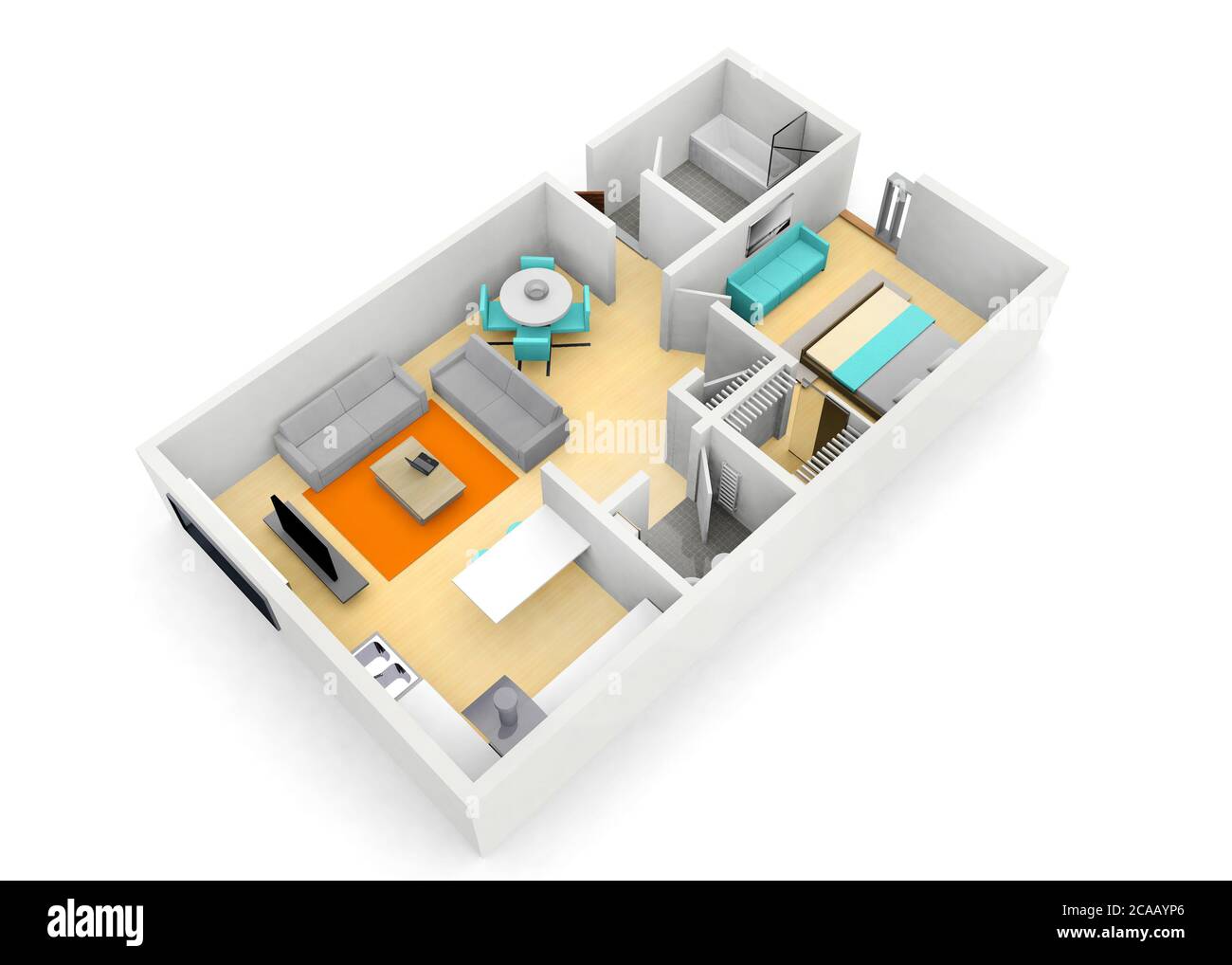 3d cgi Abbildung: ein 1-Zimmer Apartment auf weißem Hintergrund Stockfoto