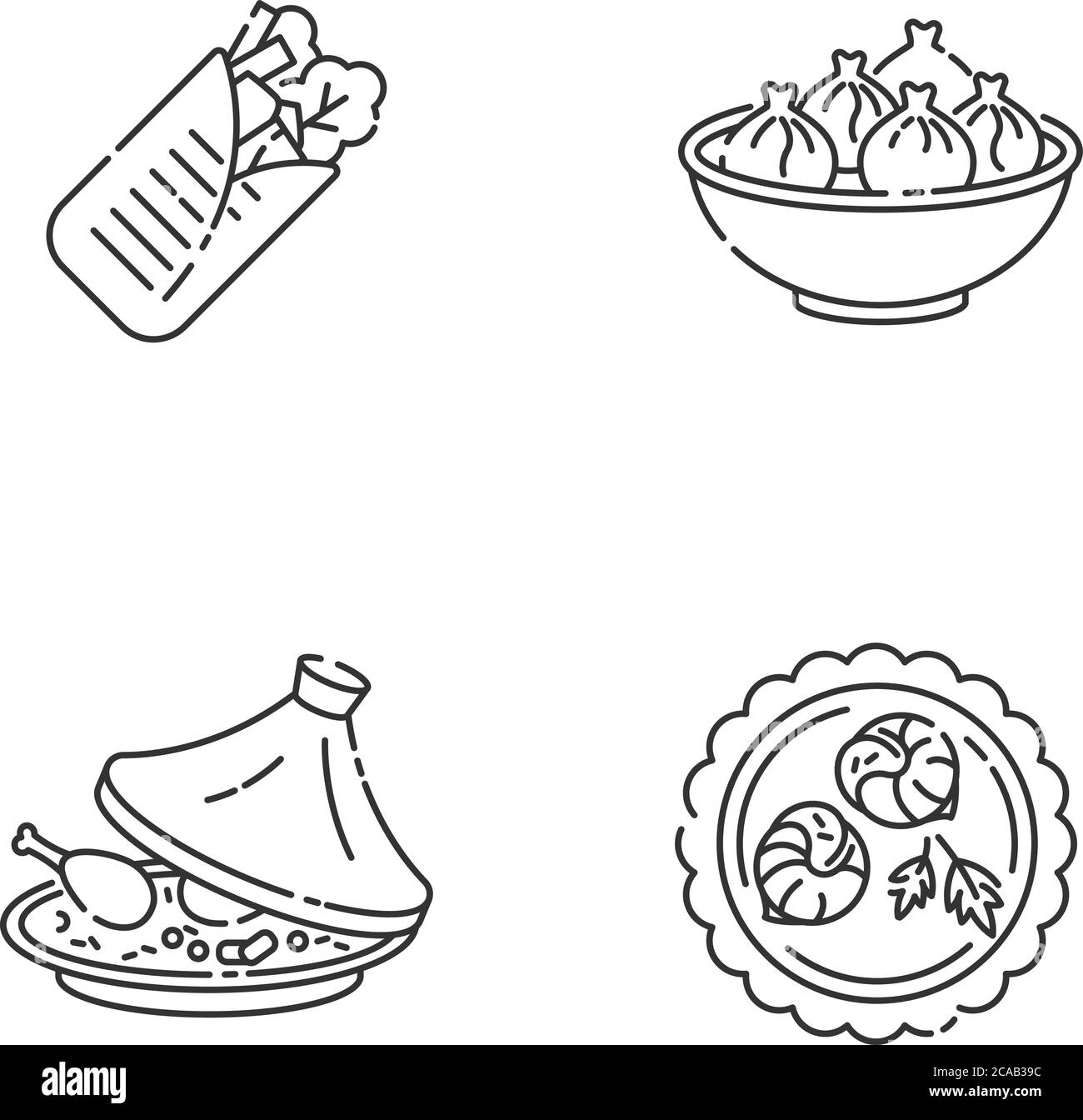 Traditionelle Gericht Pixel perfekte lineare Symbole gesetzt. Shawarma aus der östlichen Küche. Orientalisches Khinkali. Anpassbare Symbole für dünne Linien. Isolierte Ve Stock Vektor