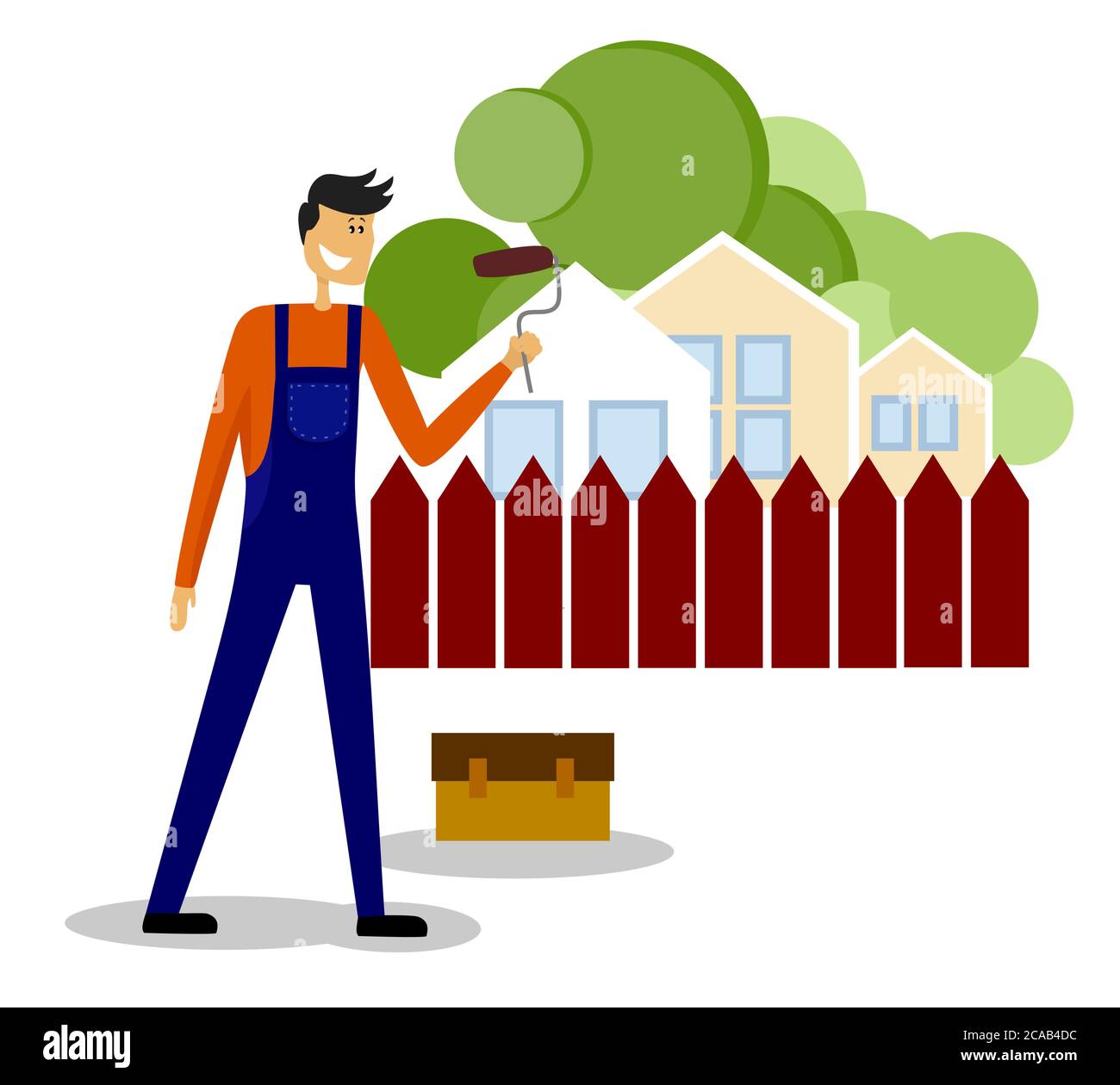 Hausmaler steht vor einem bemalten Zaun. Niedliche Maskottchen Charakter. Workman Cartoon flache Vektor Illustration. Stock Vektor