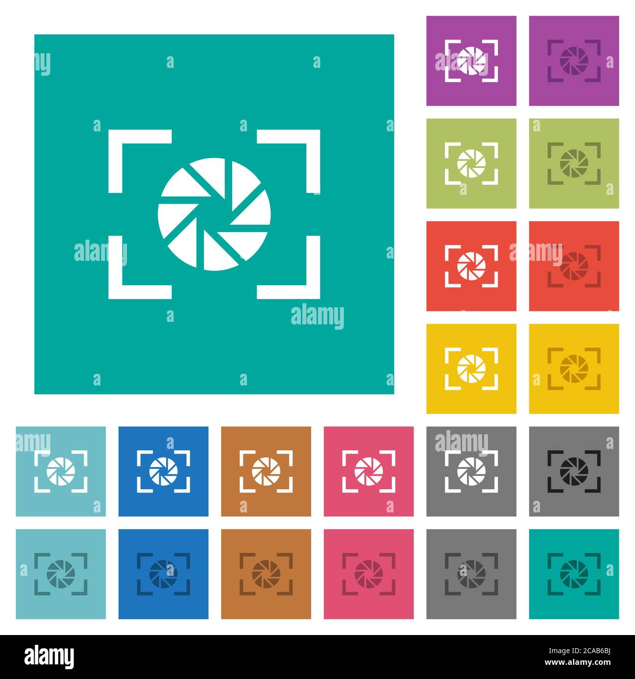 Einstellung der Kamerapertur für mehrfarbige flache Symbole auf einfachen quadratischen Hintergründen. Weiße und dunklere Symbolvarianten für schwebe- oder aktive Effekte. Stock Vektor