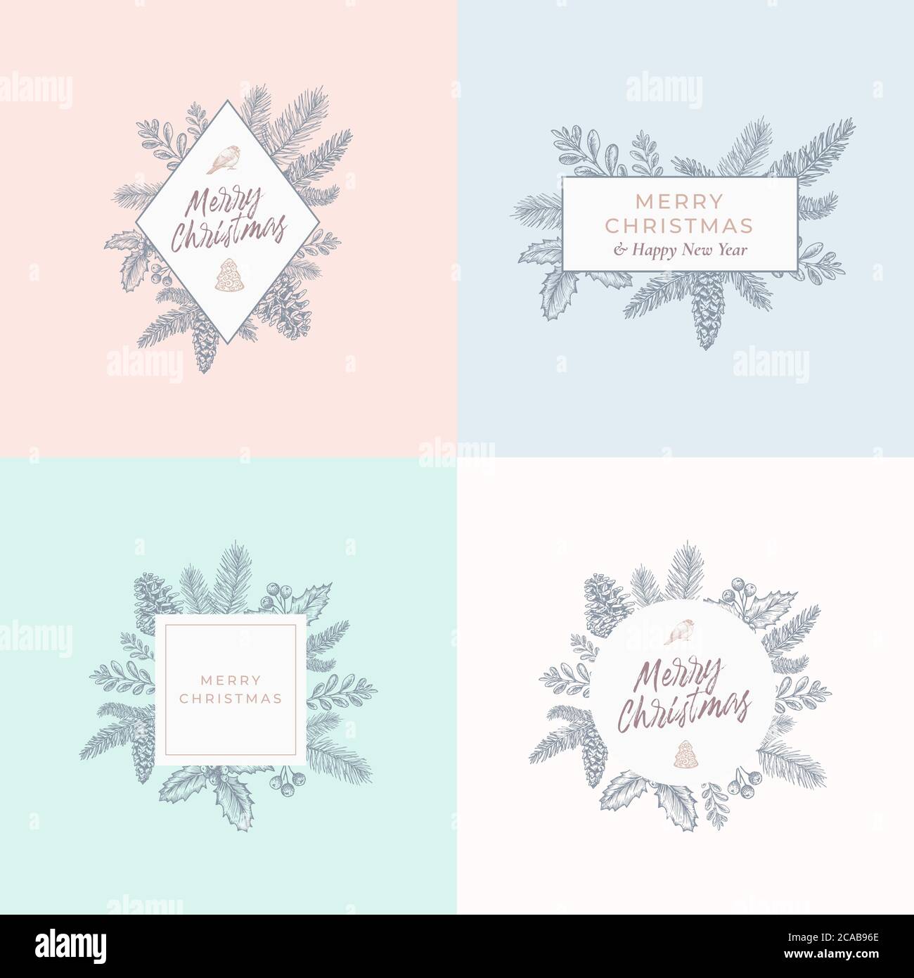 Set von Weihnachtsfoliage Karten, Zeichen oder Logo-Vorlagen. Abstrakte handgezeichnete Weihnachtsillustrationen mit Bordüren und klassischer Typografie. Gut für Stock Vektor