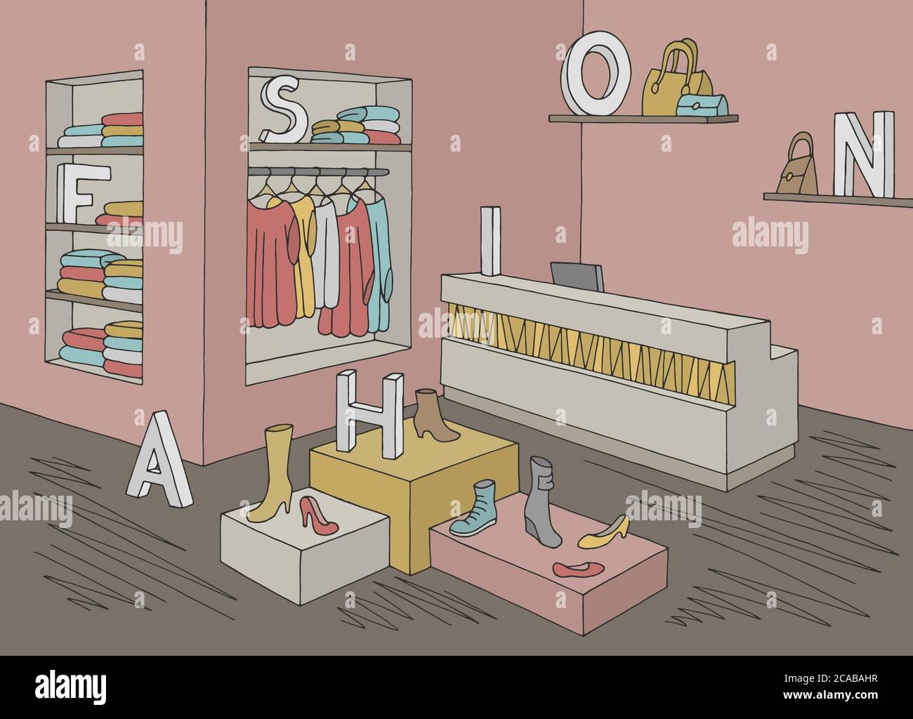 Shop Store Interieur Grafik Farbe Skizze Illustration Vektor Stock Vektor
