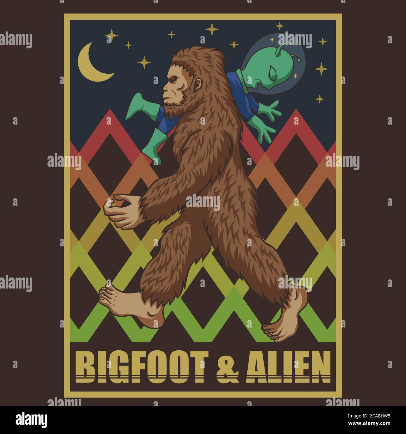 bigfoot & Alien Retro Vektor Illustration für Ihr Unternehmen oder Marke Stock Vektor
