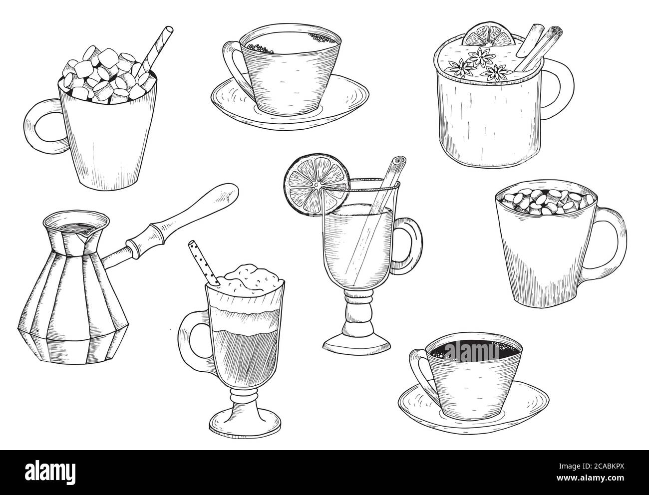 Verschiedene Arten von Kaffee. Kaffeekarte. Satz von Vektorgrafiken. Stock Vektor