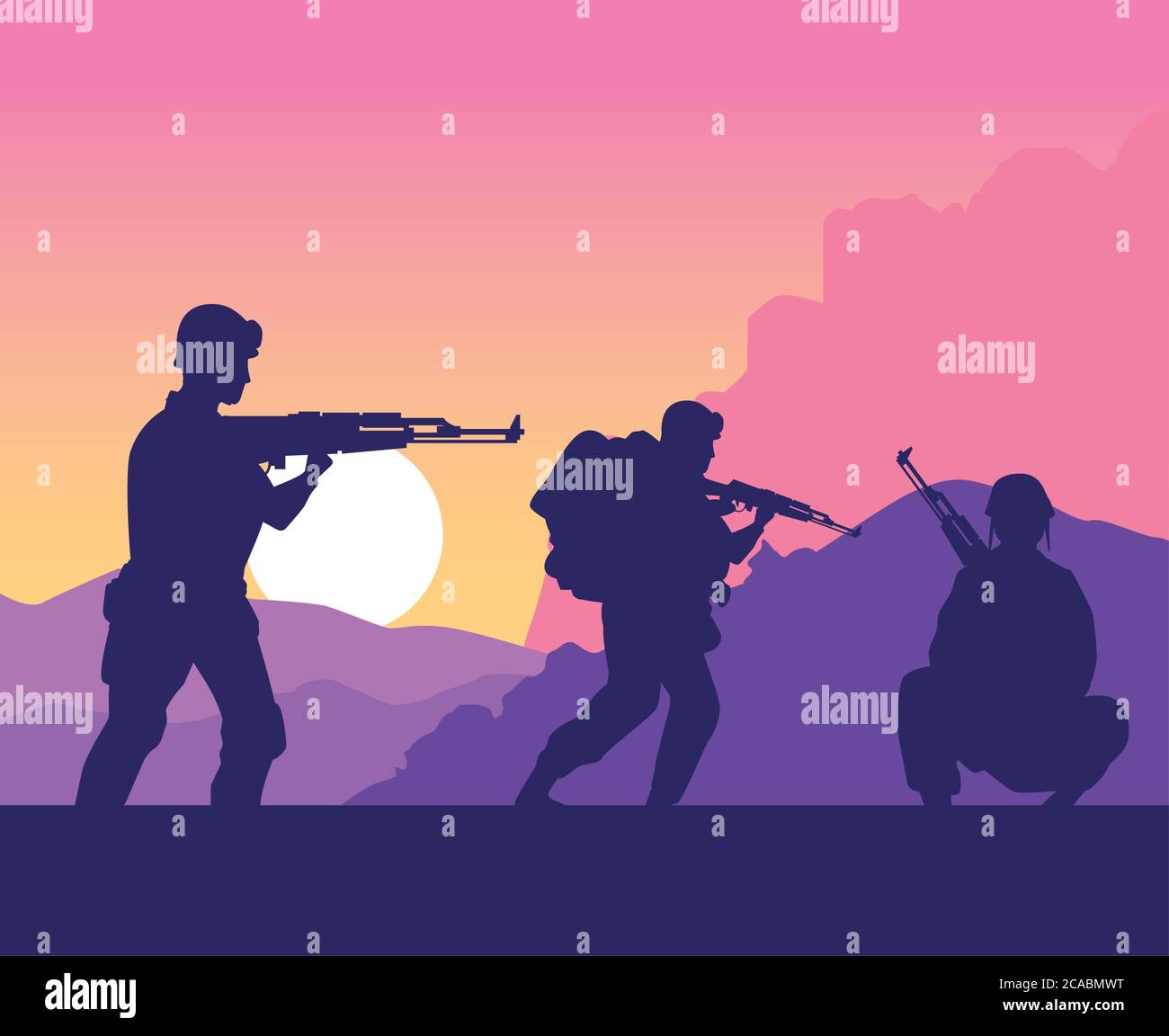 Soldaten Figuren Silhouetten bei Sonnenuntergang Szene Vektor Illustration Design Stock Vektor