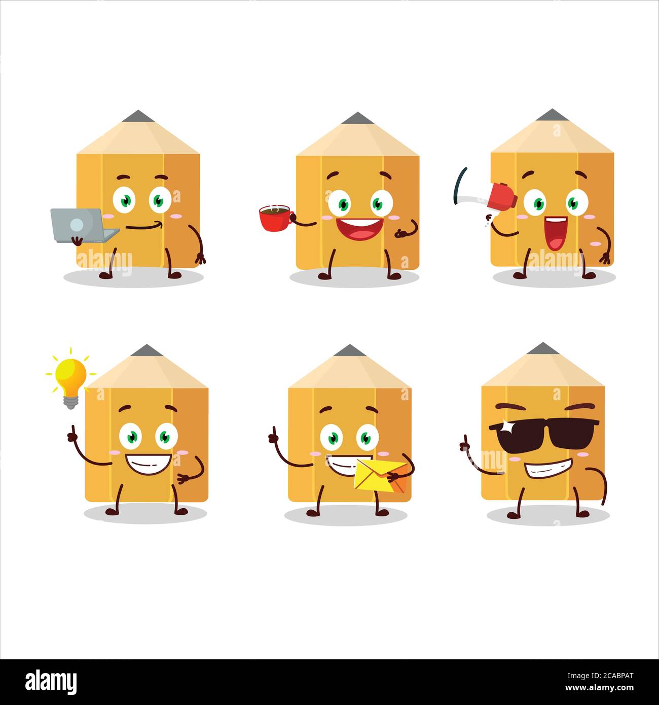 Bleistift Zeichentrickfigur mit verschiedenen Arten von Geschäft Emoticons Stock Vektor