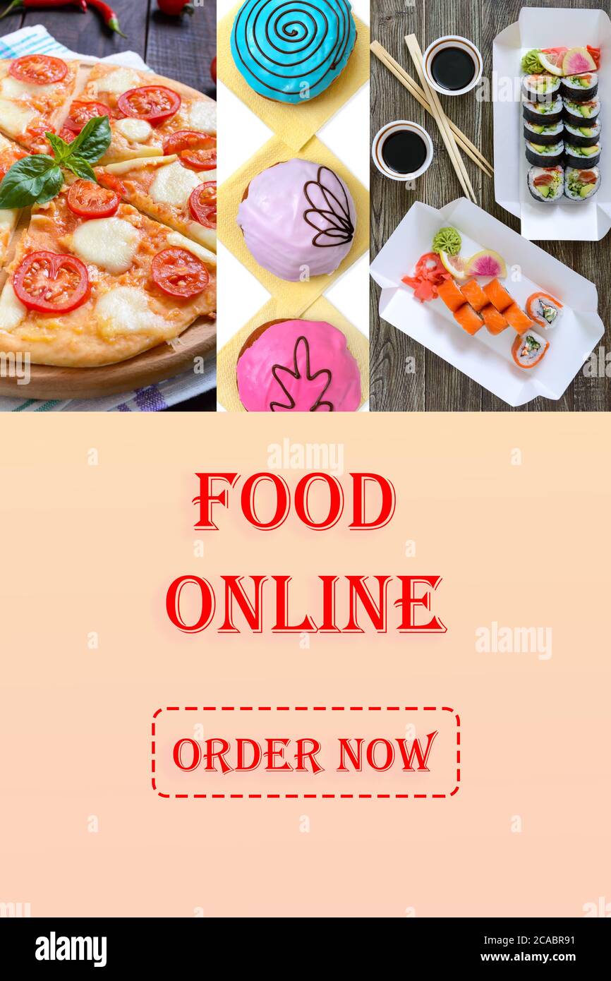 Plakat für Gaststätten. Online-Konzept für die Lebensmittelbestellung. Design für Online-Fast-Food-Bestellung zu Hause. Stockfoto