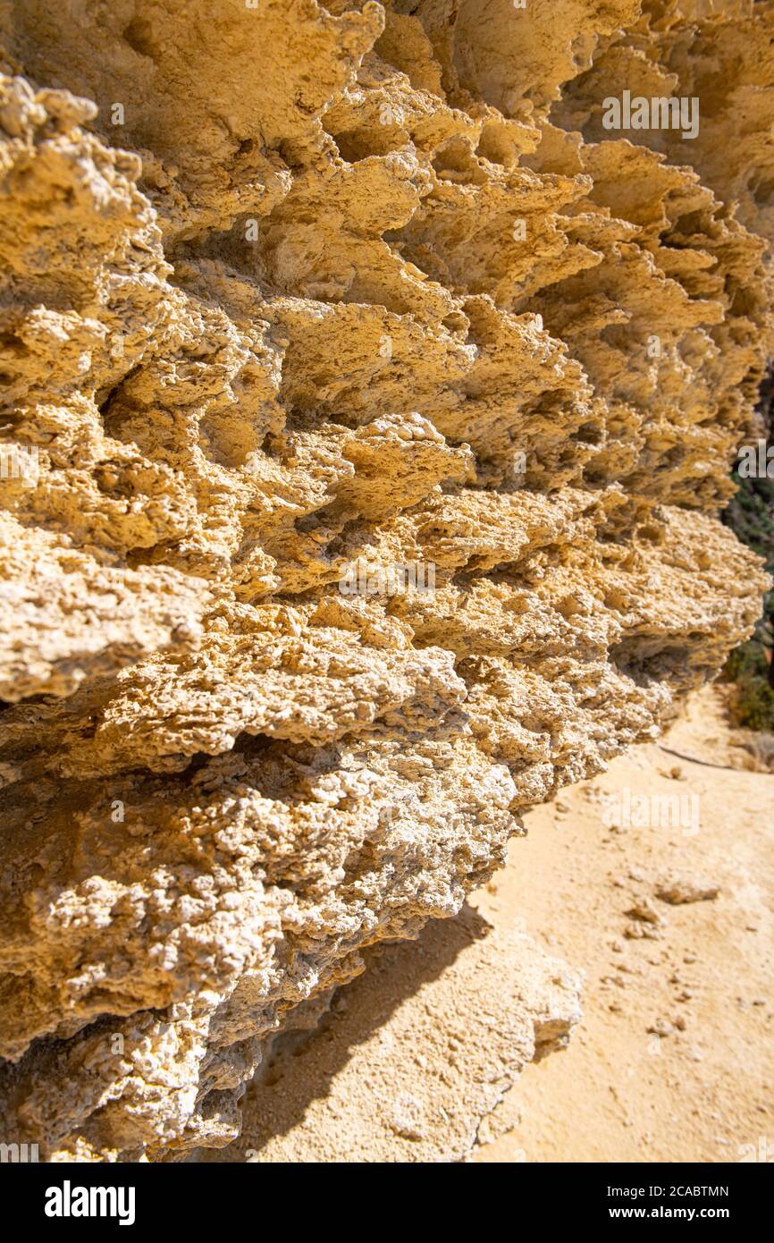 Maltesischer Kalkstein gelb Gestein Detail close up.Sandstein Muster, geologische Textur in Malta. Kalkstein Stockfoto
