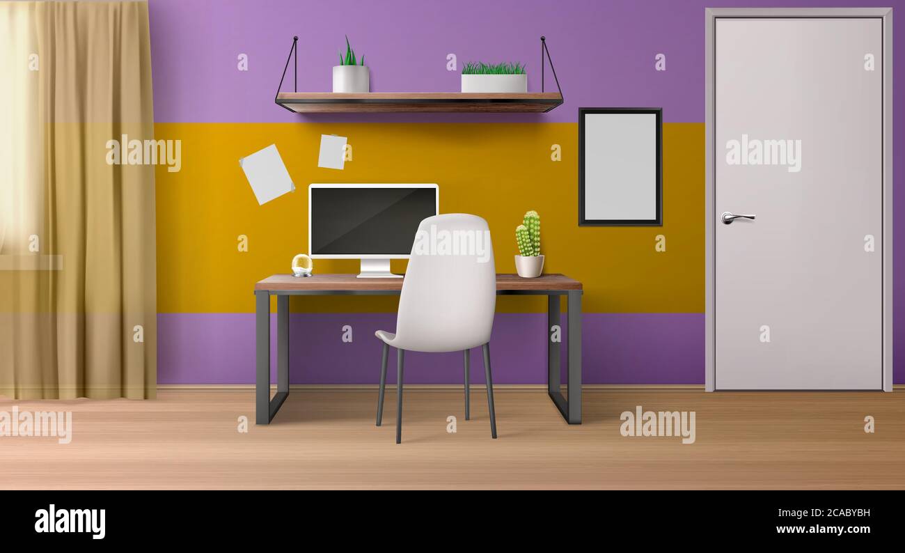 Zimmereinrichtung, Arbeitsplatz mit Computer auf Schreibtisch, Sitz und Regale. Leere Haus oder Büro Innenarchitektur mit weißer Tür, Vorhänge auf Fenster, Bild an der Wand, Topfpflanzen realistische 3d-Vektor-Illustration Stock Vektor