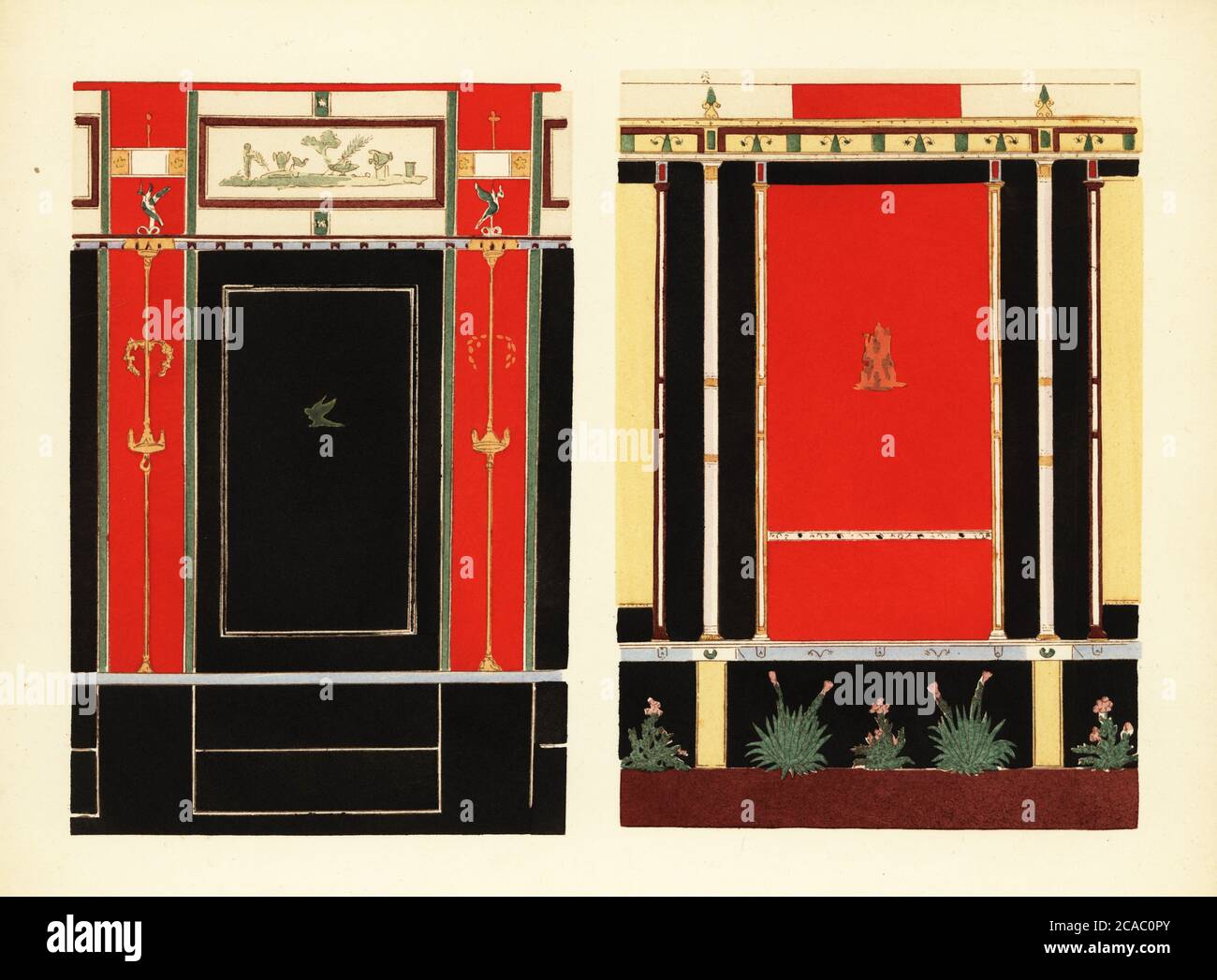 Paneele im Gebäude von Eumachia, Pompeji. Ägyptischer Stil. Panneaux de l’EDIFICE d’Eumachie. Stil egyptisant. Handkolorierte pochorisch (Schablone) Lithographie von Pierre Guzman aus seinem eigenen Decoration murale a Pompei, (Wanddekoration in Pompeji), Editions Albert Morance), Paris, 1924. Stockfoto