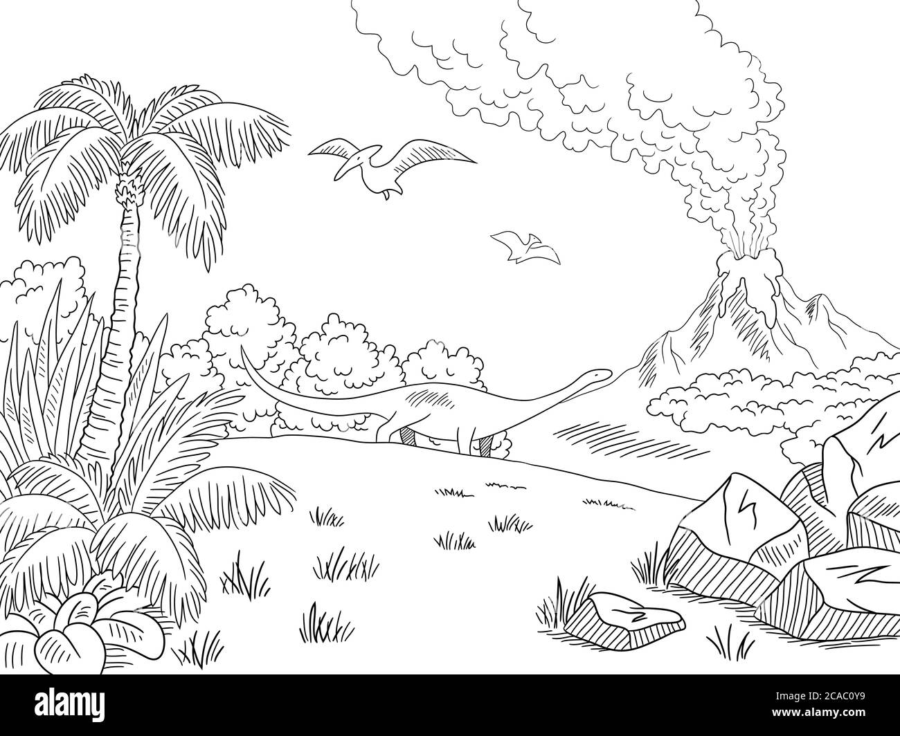 Dinosaurier Landschaft Grafik schwarz weiß Skizze Illustration Vektor Stock Vektor