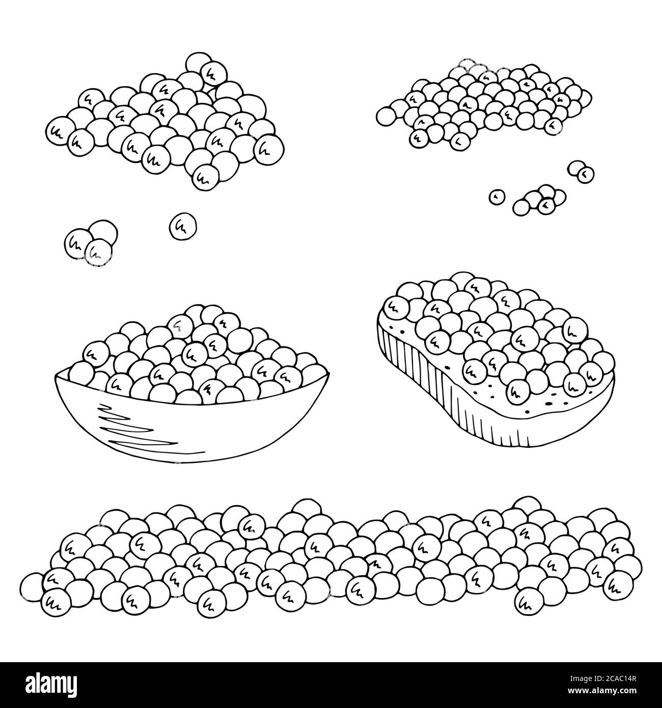 Kaviar Lebensmittel Set Grafik schwarz weiß isoliert Skizze Illustration Vektor Stock Vektor