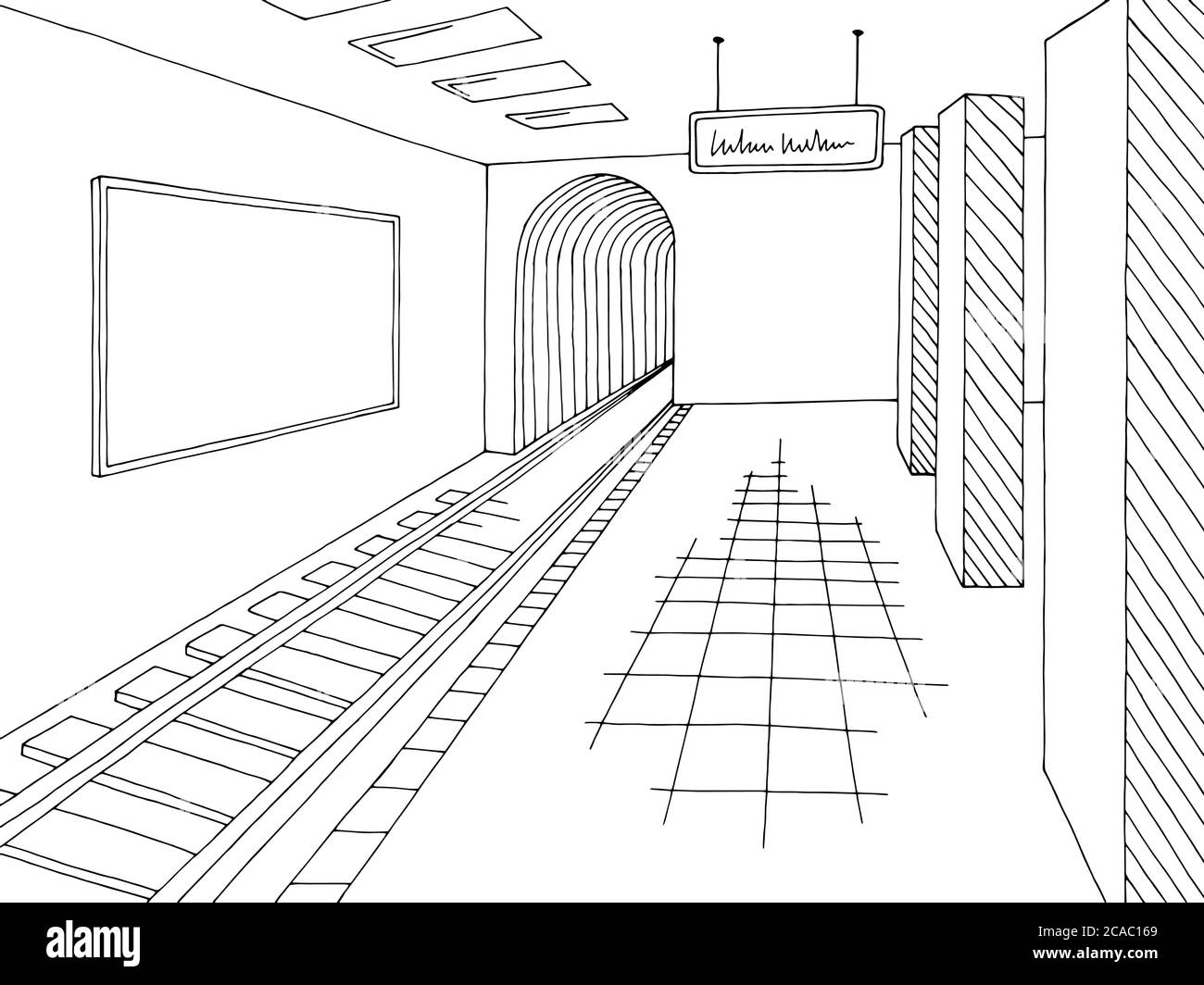 U-Bahn-Station Plattform Grafik schwarz weiß Innenraum Skizze Illustration Vektor Stock Vektor