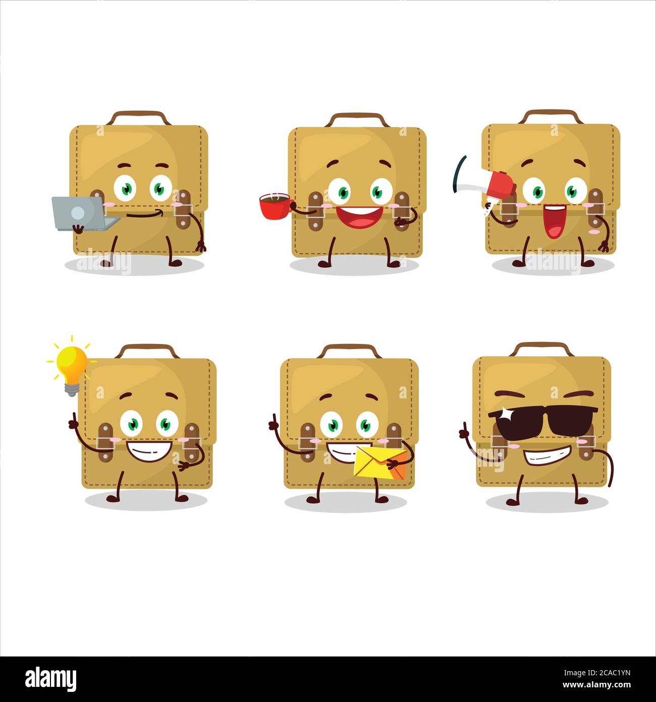 Sling Bag Schule Cartoon-Charakter mit verschiedenen Arten von Business-Emoticons Stock Vektor